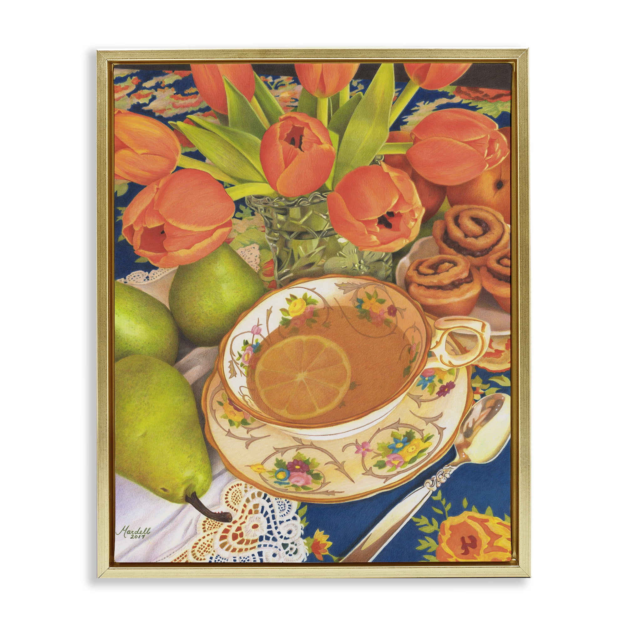 Stupell Industries Tea with Orange Tulips Food & Beverage Painting Gold Floater Framed Art Print Wall Art, 17 x 21