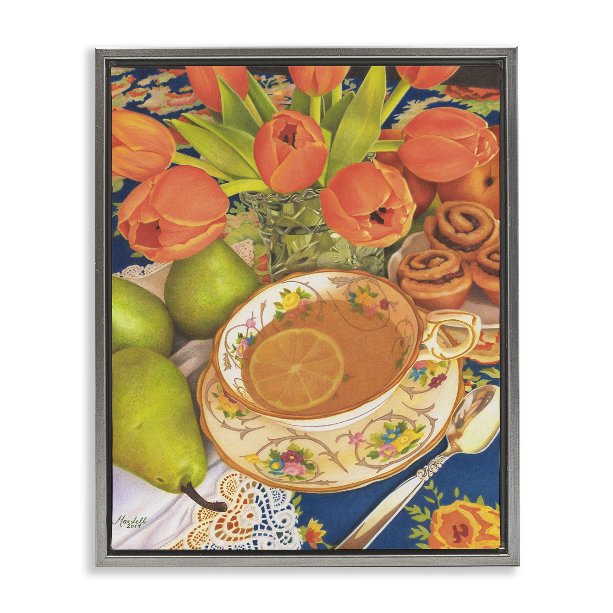 Stupell Industries Tea with Orange Tulips Food & Beverage Painting Gray Floater Framed Art Print Wall Art, 17 x 21