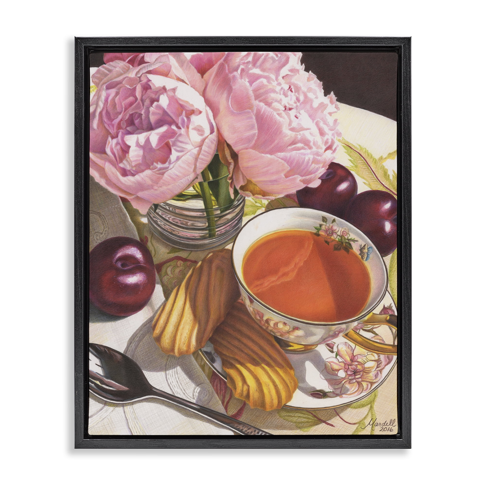 Stupell Industries Tea with Peonies & Plums Food & Beverage Painting Black Floater Framed Art Print Wall Art, 17 x 21