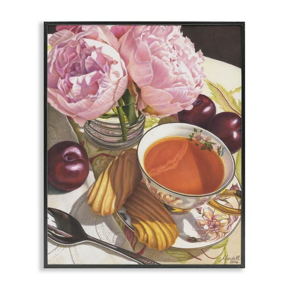 Stupell Industries Tea with Peonies & Plums Food & Beverage Painting Black Framed Art Print Wall Art, 11 x 14