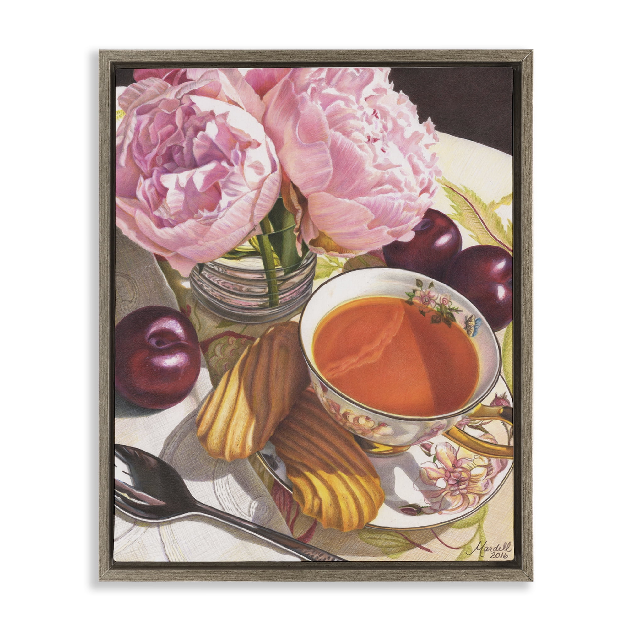 Stupell Industries Tea with Peonies & Plums Food & Beverage Painting Brown Floater Framed Art Print Wall Art, 25 x 31