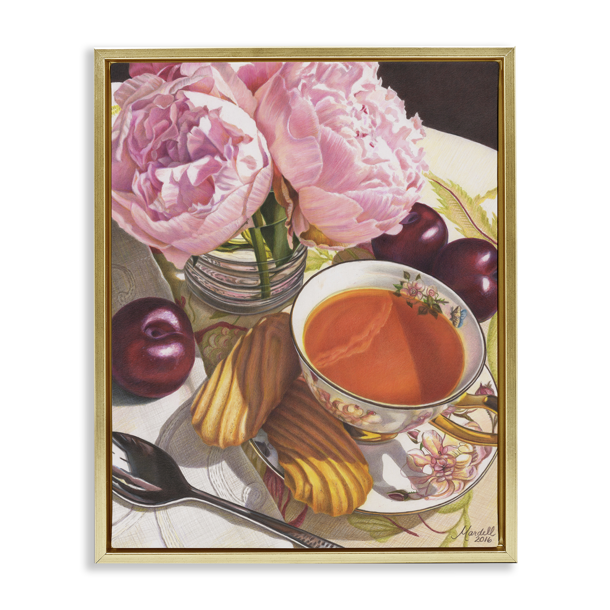 Stupell Industries Tea with Peonies & Plums Food & Beverage Painting Gold Floater Framed Art Print Wall Art, 17 x 21