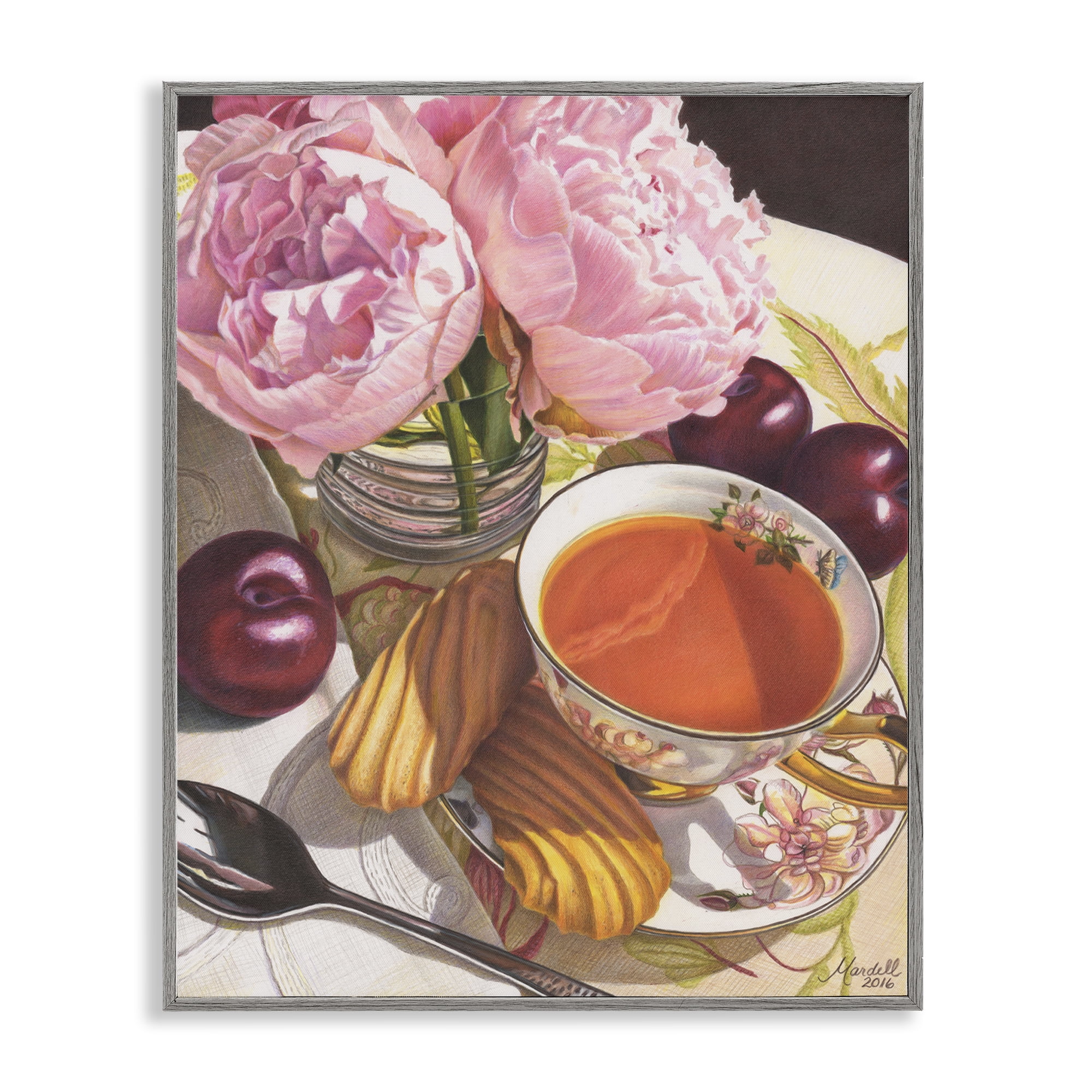 Stupell Industries Tea with Peonies & Plums Food & Beverage Painting Gray Framed Art Print Wall Art, 24 x 30