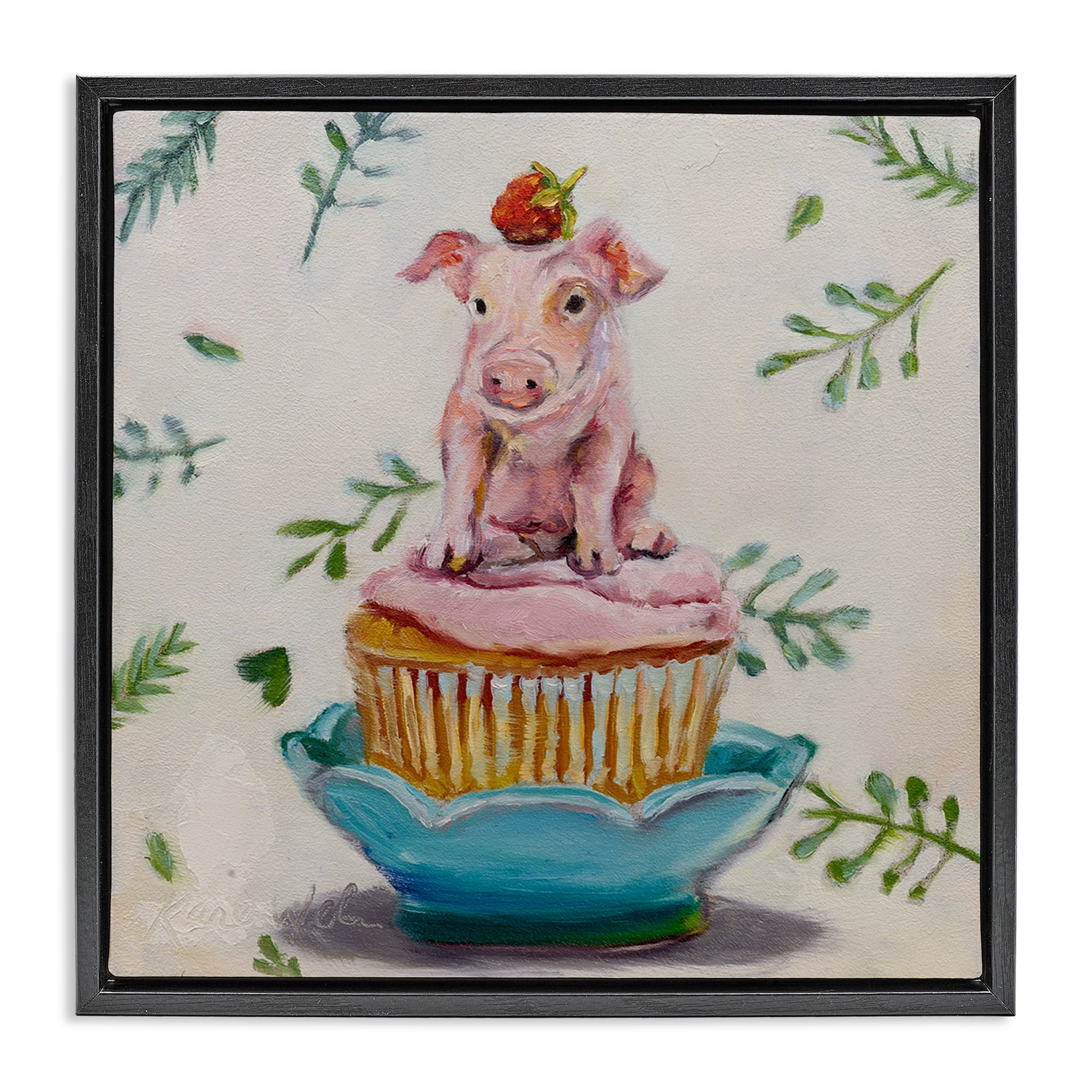 Stupell Industries Teacup Pig on Cupcake Animals & Insects Painting Black Floater Framed Canvas Art Print Wall Art, 18 x 18