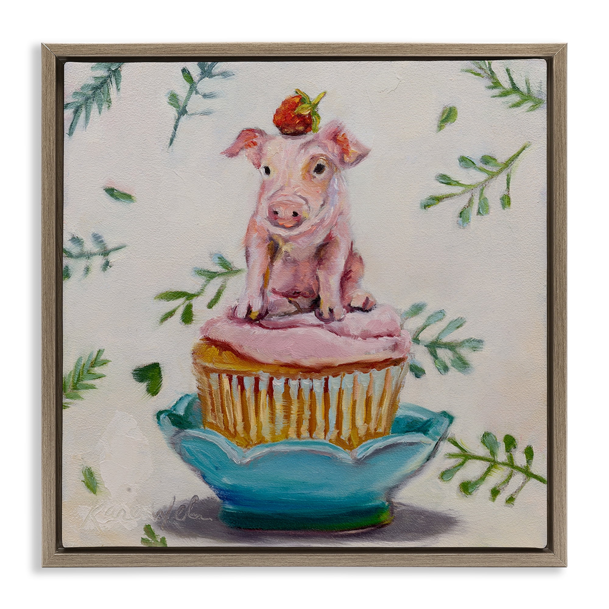 Stupell Industries Teacup Pig on Cupcake Animals & Insects Painting Brown Floater Framed Canvas Art Print Wall Art, 25 x 25