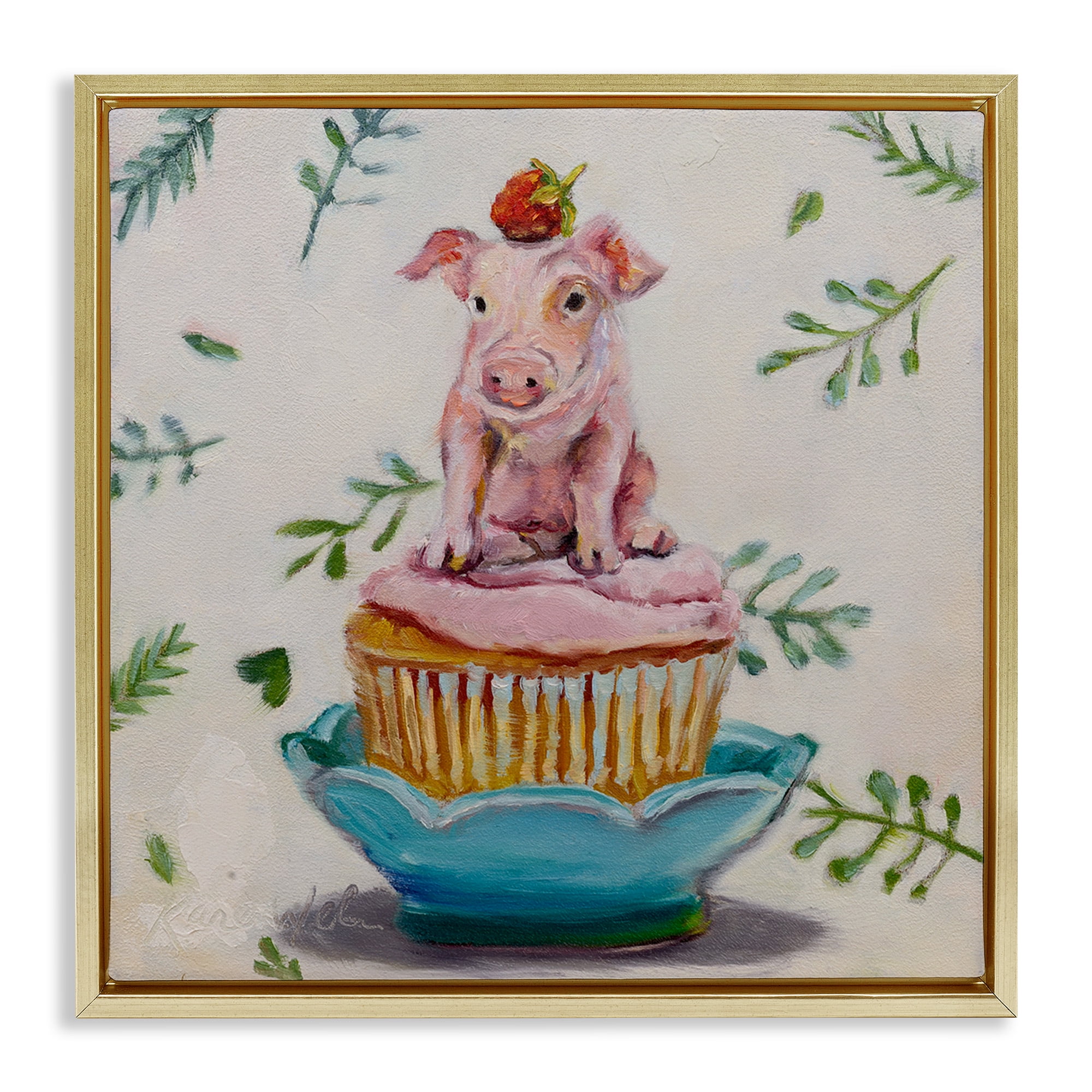 Stupell Industries Teacup Pig on Cupcake Animals & Insects Painting Gold Floater Framed Canvas Art Print Wall Art, 18 x 18
