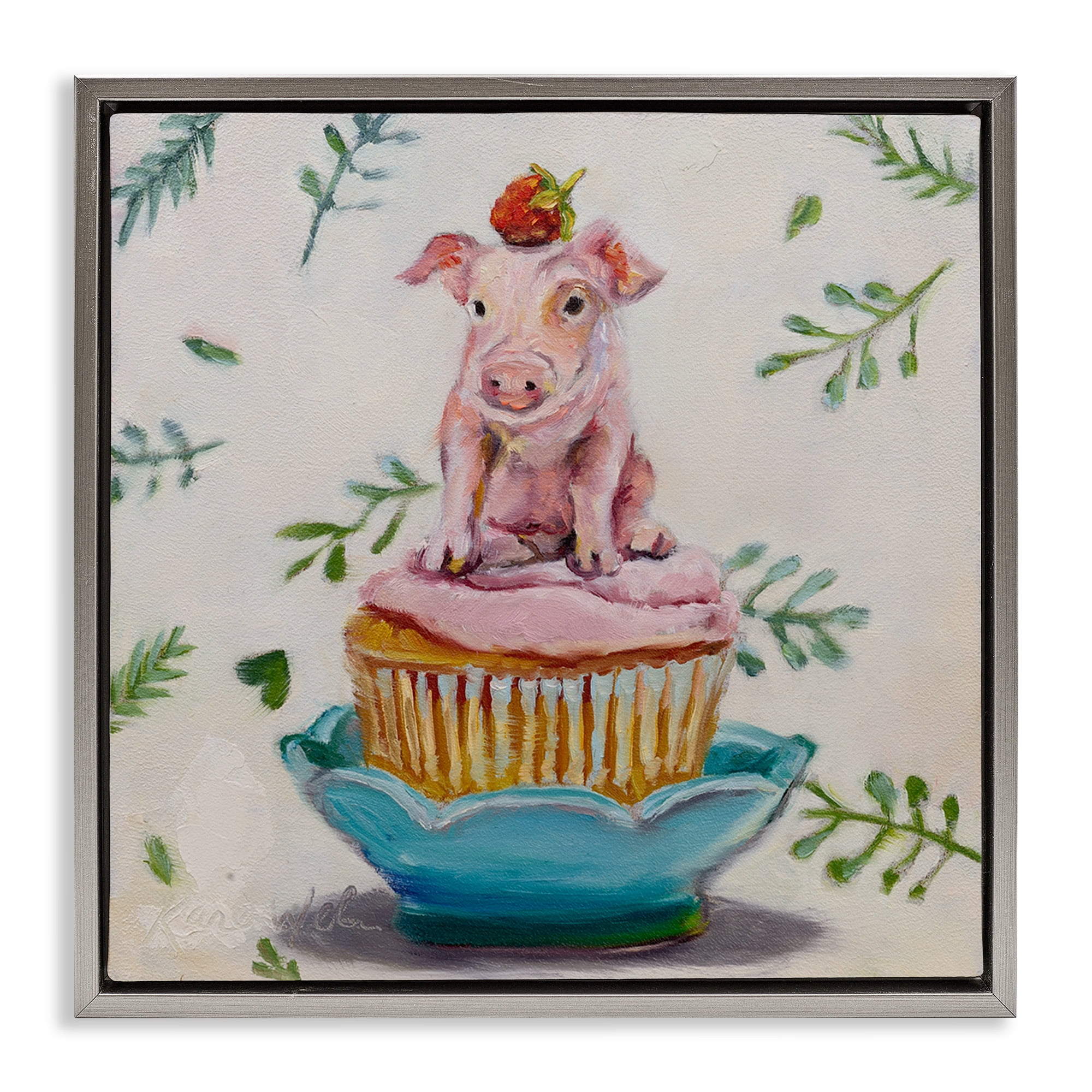 Stupell Industries Teacup Pig on Cupcake Animals & Insects Painting Gray Floater Framed Canvas Art Print Wall Art, 18 x 18