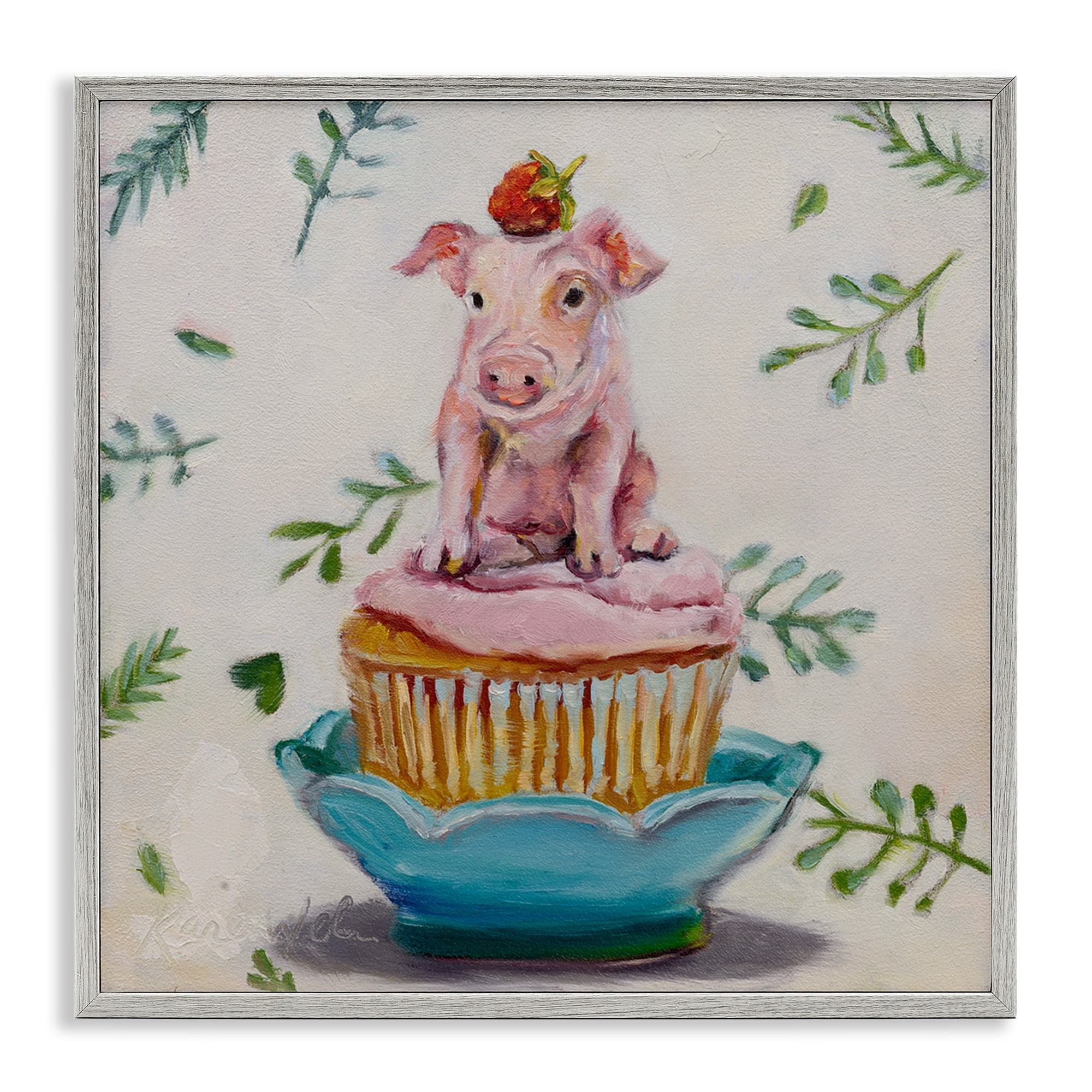 Stupell Industries Teacup Pig on Cupcake Animals & Insects Painting Gray Framed Art Print Wall Art, 17 x 17