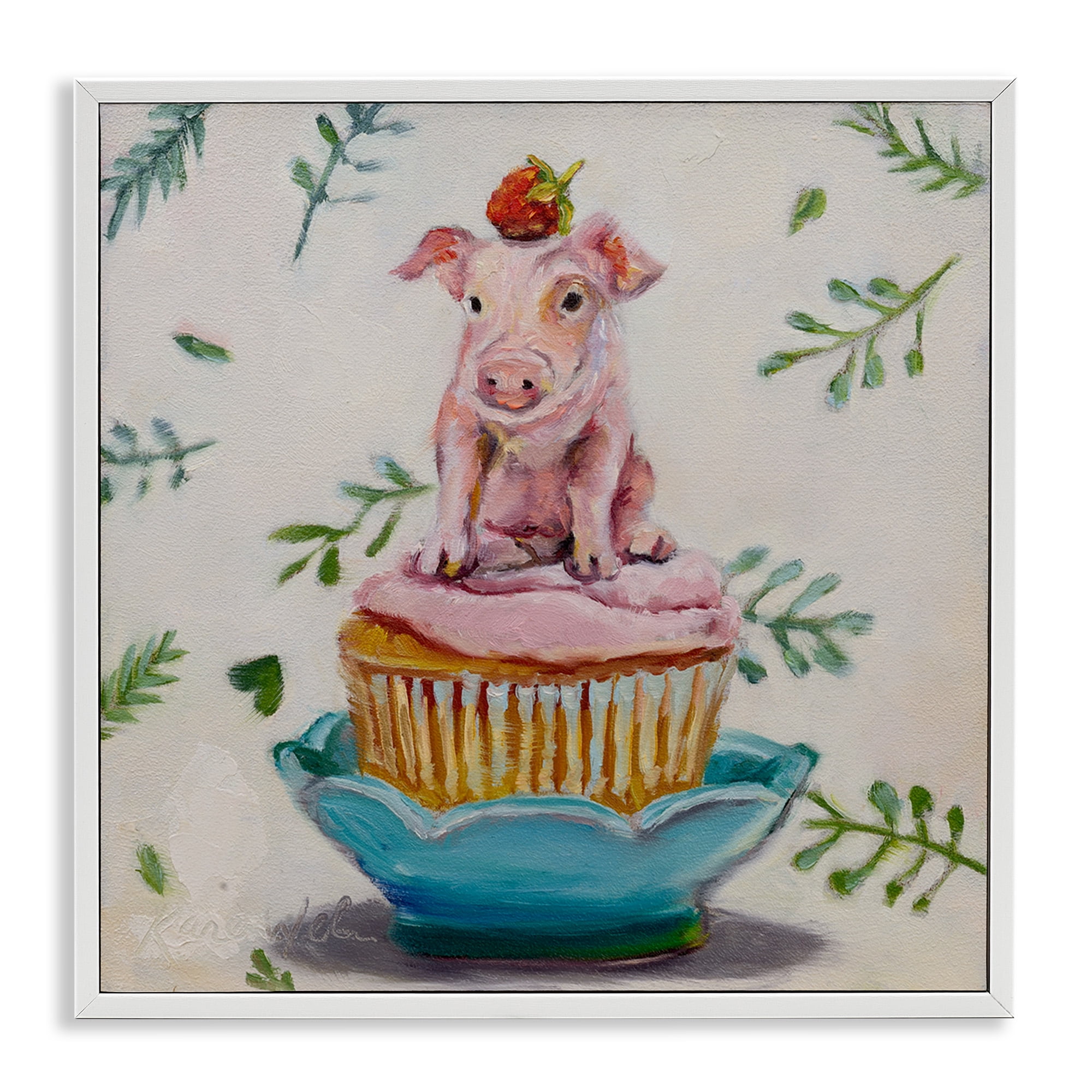 Stupell Industries Teacup Pig on Cupcake Animals & Insects Painting White Framed Art Print Wall Art, 24 x 24