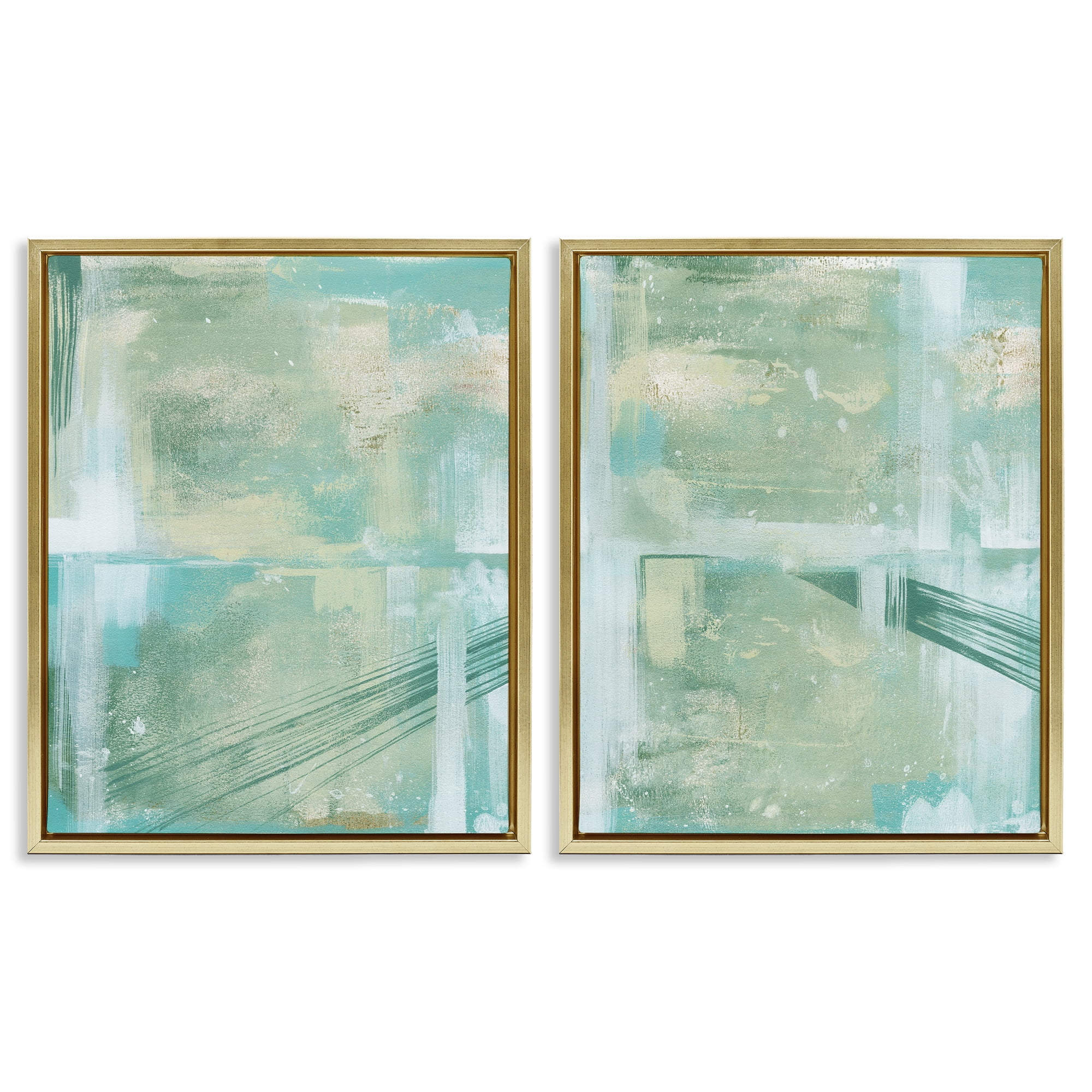 Stupell Industries Teal Abstract Bridge Cityscape Abstract Painting Gold Floater Framed Canvas Art Print Wall Art, 17 x 21, Set of 2
