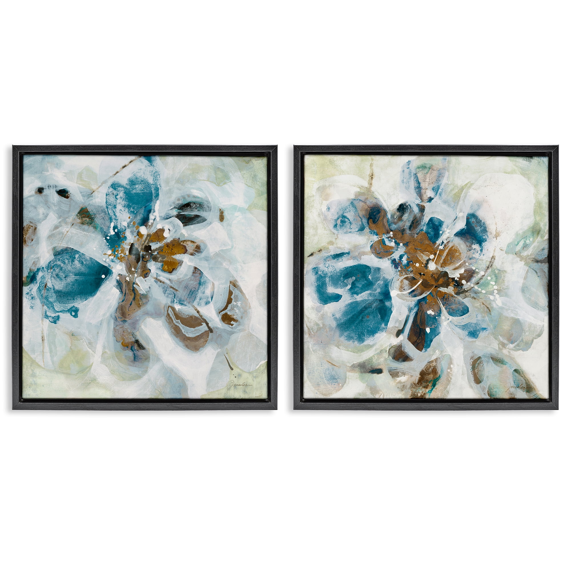 Stupell Industries Teal Abstract Flower Petals Abstract Painting Black Floater Framed Canvas Art Print Wall Art, 18 x 18, Set of 2