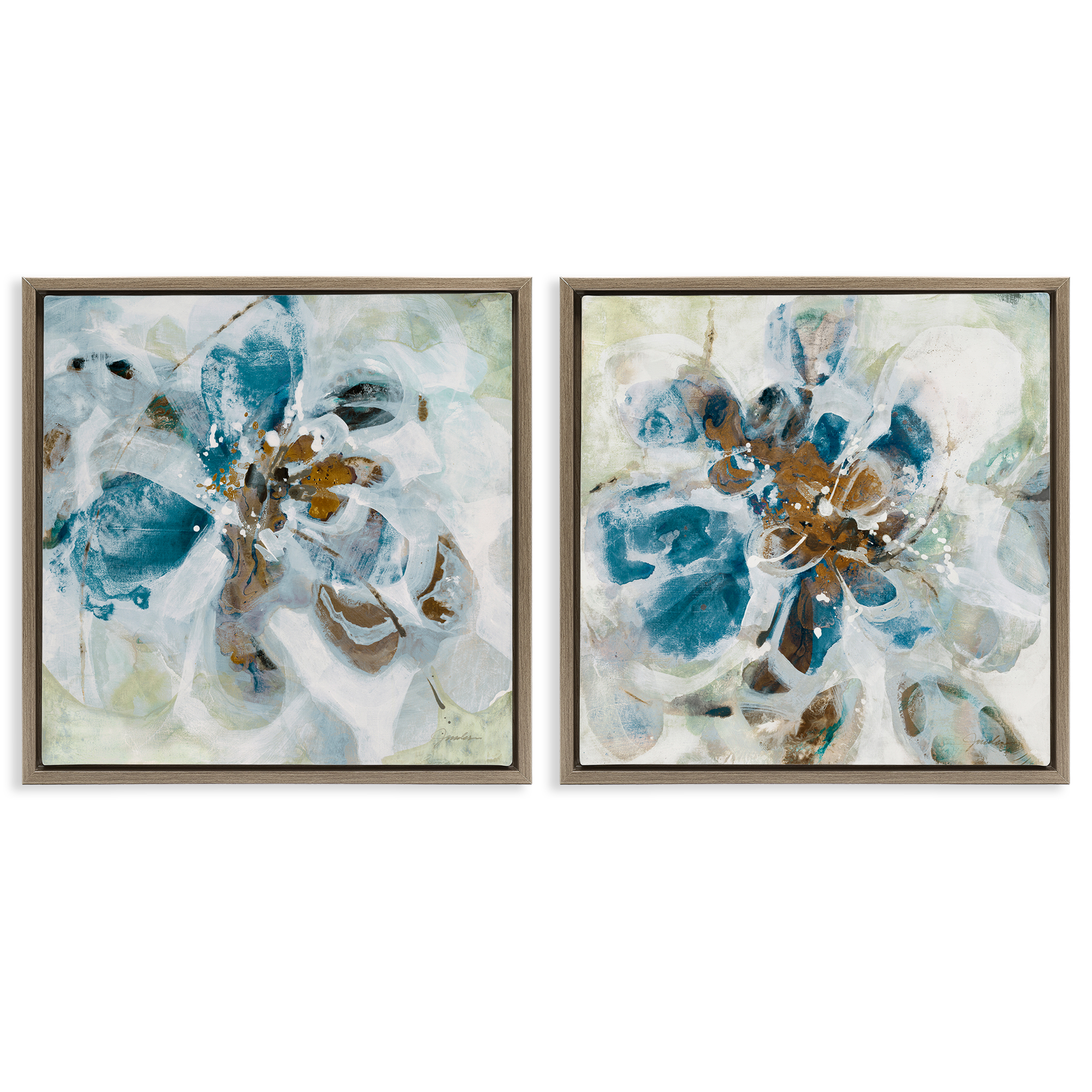 Stupell Industries Teal Abstract Flower Petals Abstract Painting Brown Floater Framed Canvas Art Print Wall Art, 18 x 18, Set of 2