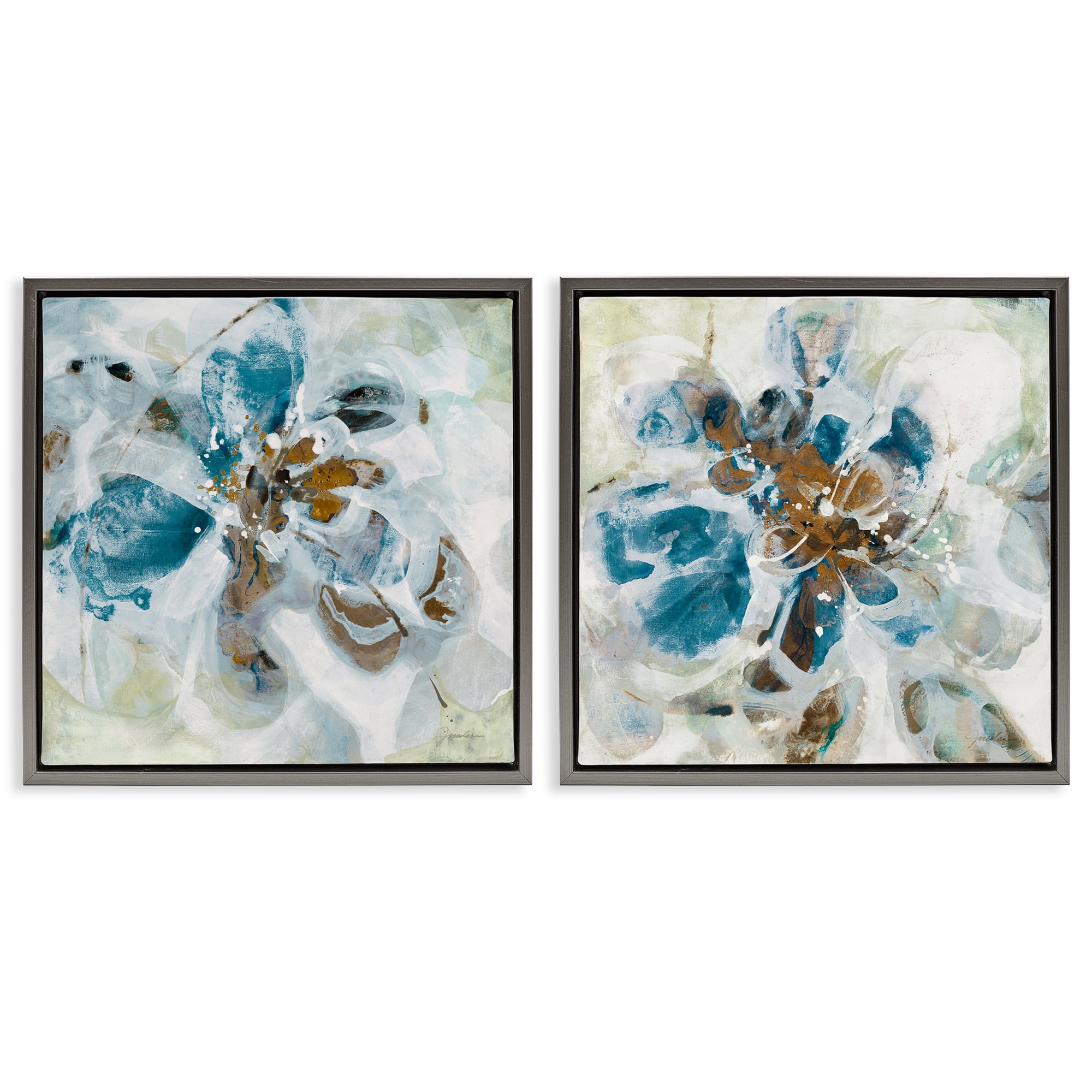 Stupell Industries Teal Abstract Flower Petals Abstract Painting Gray Floater Framed Canvas Art Print Wall Art, 25 x 25, Set of 2