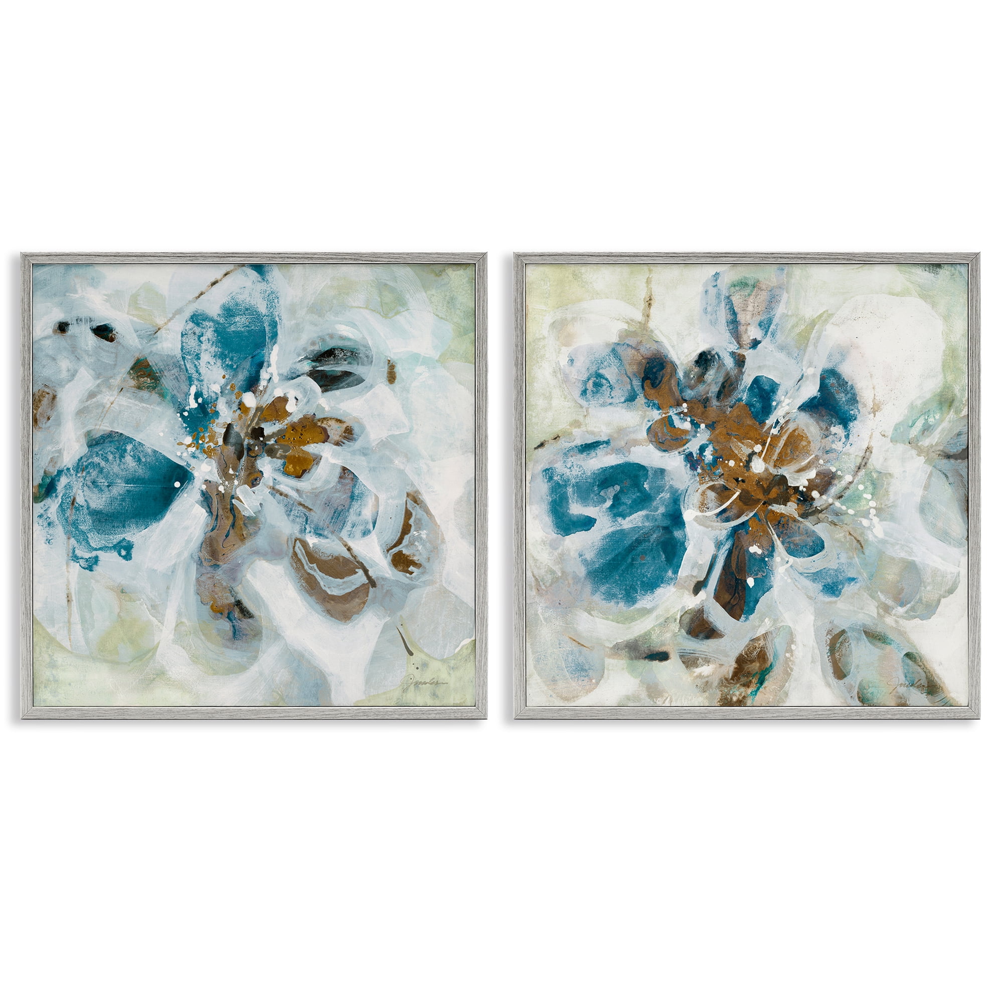 Stupell Industries Teal Abstract Flower Petals Abstract Painting Gray Framed Art Print Wall Art, 24 x 24, Set of 2