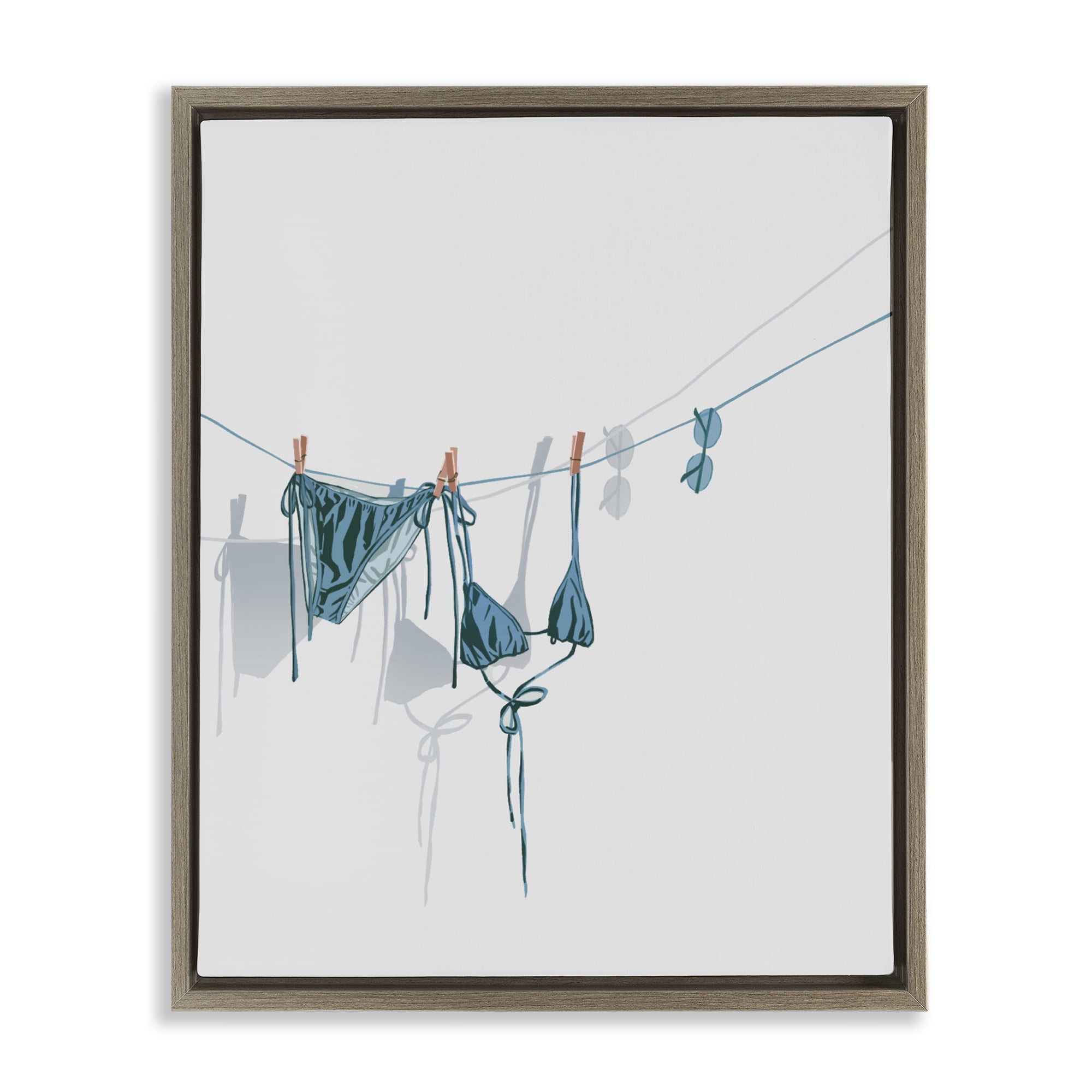 Stupell Industries Teal Bikini on Clothesline Brown Framed Floater Canvas Wall Art, design by Ziwei Li