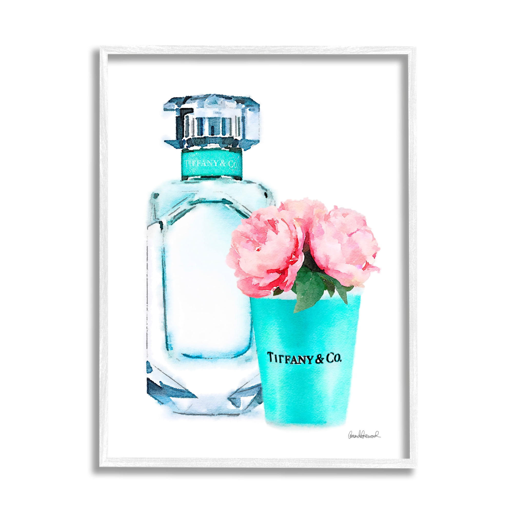 Stupell Industries Teal Blue Perfume Bottle and Pink Peonies, 11 x 14,Design by Amanda Greenwood