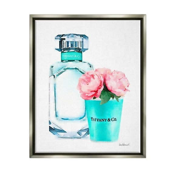 Stupell Industries Teal Blue Perfume Bottle and Pink Peonies Luster Gray Framed Floating Canvas Wall Art, 16x20, by Amanda Greenwood