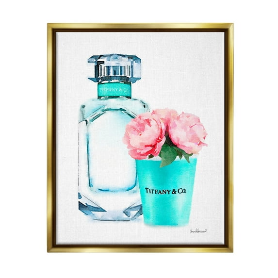 Stupell Industries Teal Blue Perfume Bottle and Pink Peonies Metallic Gold Framed Floating Canvas Wall Art, 24x30, by Amanda Greenwood