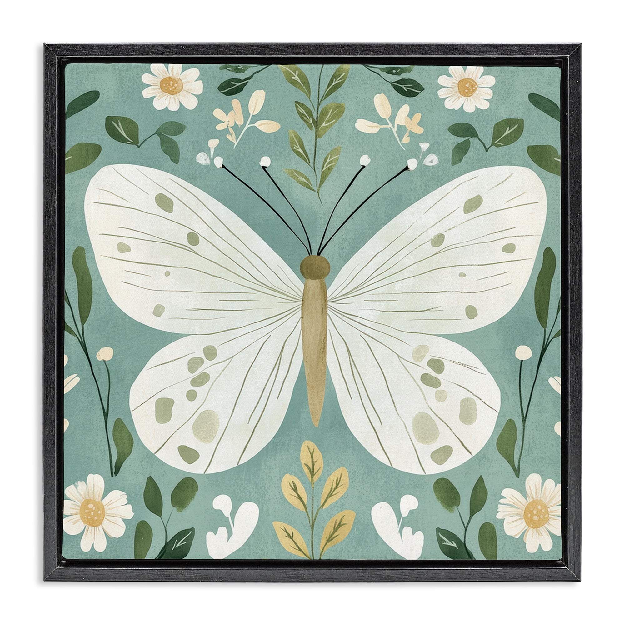 Stupell Industries Teal Butterfly Garden with Daisies Black Framed Floater Canvas Wall Art, design by Petal Prints Design