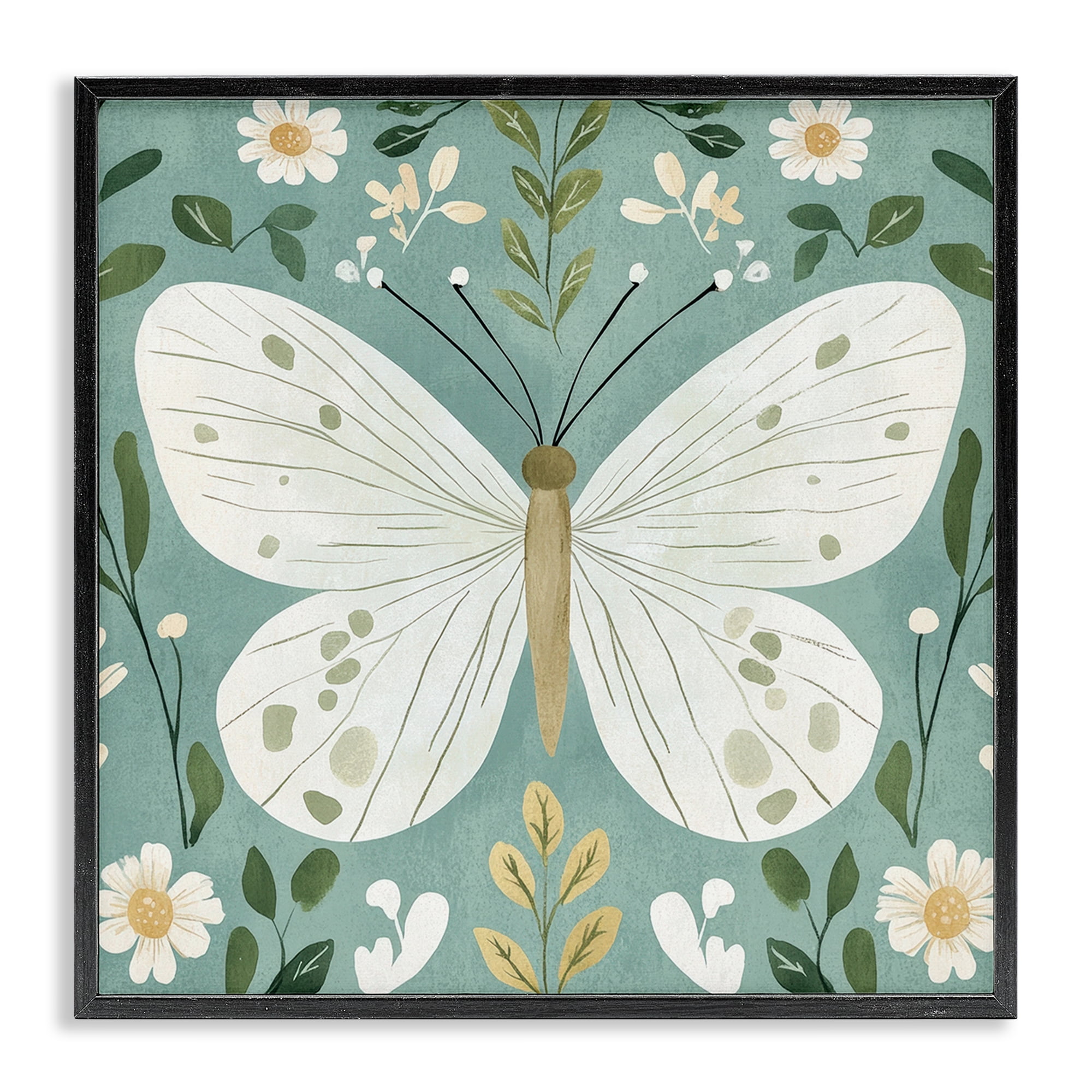 Stupell Industries Teal Butterfly Garden with Daisies Black Framed Giclee Art, design by Petal Prints Design