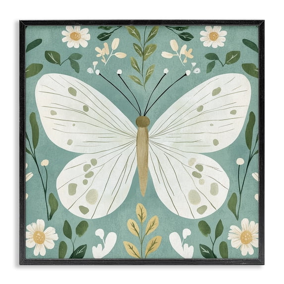 Stupell Industries Scandinavian Teal Butterfly Garden with Daisies Black Framed Giclee Art, 12 x 12, by Petals Prints Design