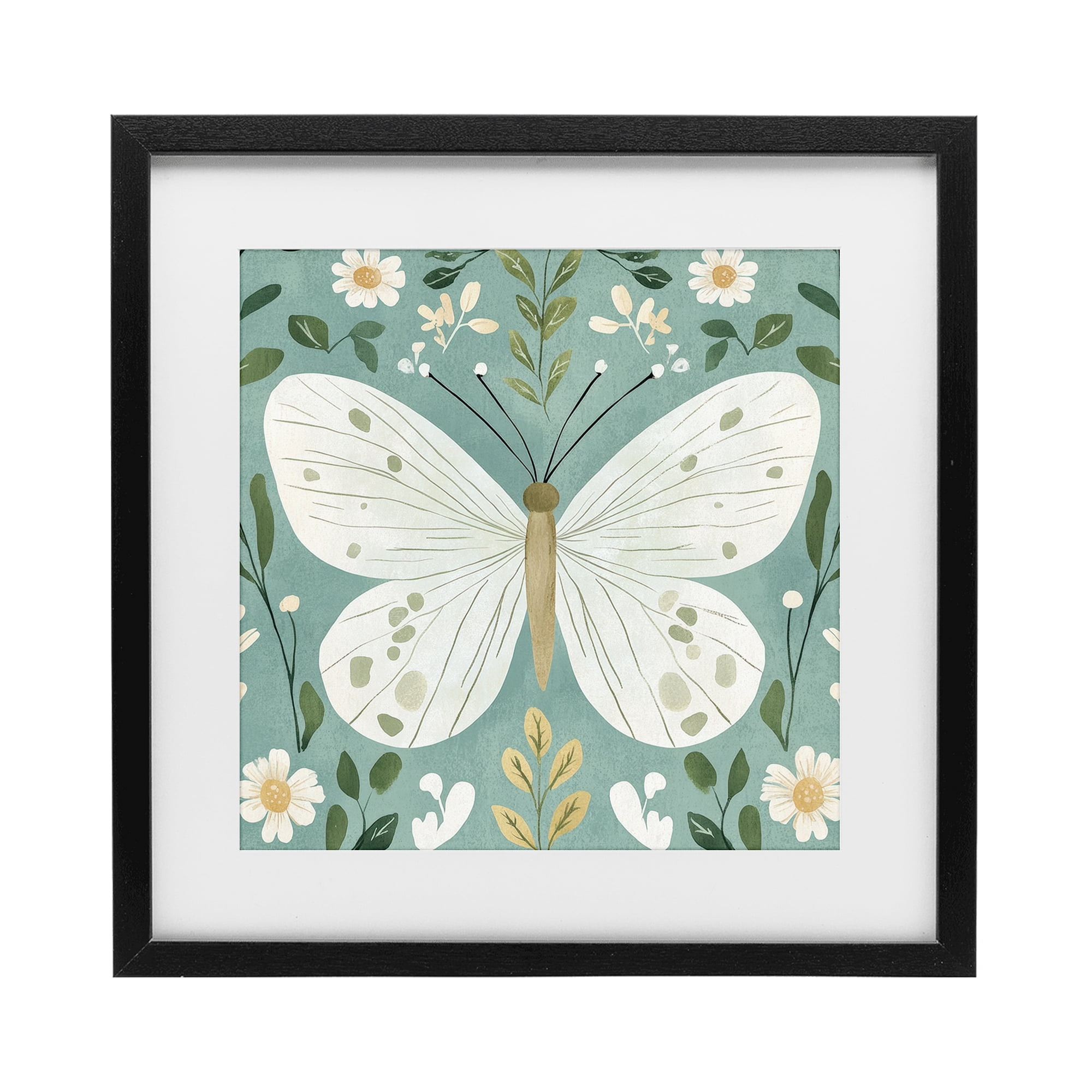 Stupell Industries Teal Butterfly Garden with Daisies Black Framed Print Under Glass, design by Petal Prints Design