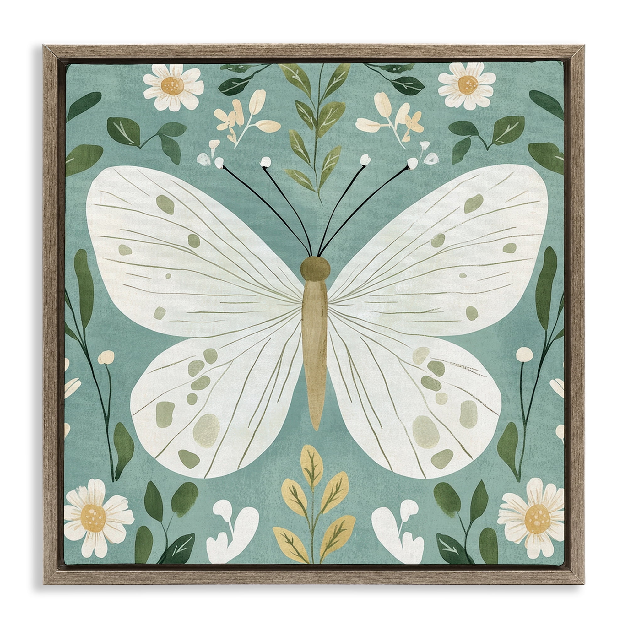 Stupell Industries Teal Butterfly Garden with Daisies Brown Framed Floater Canvas Wall Art, design by Petal Prints Design