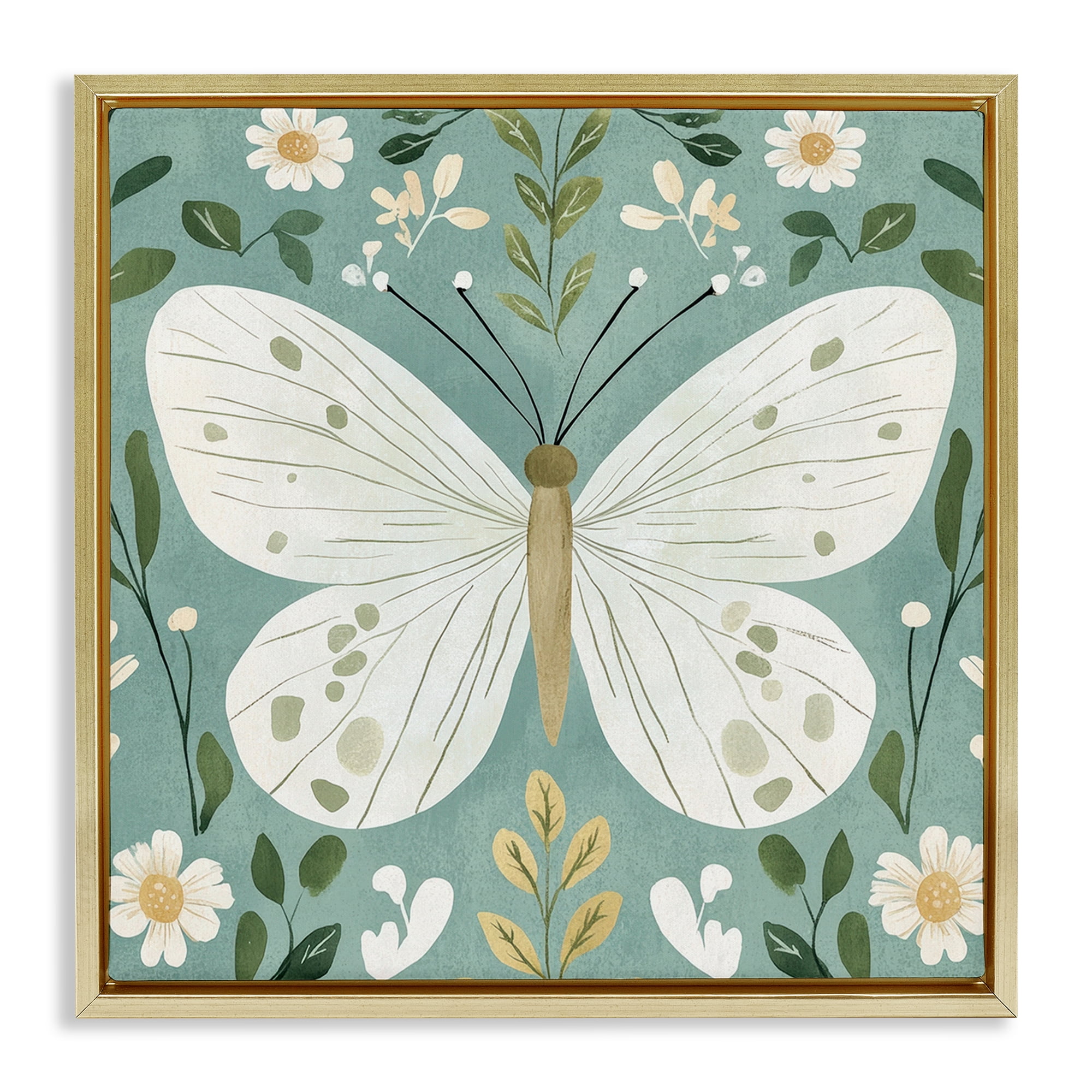 Stupell Industries Teal Butterfly Garden with Daisies Gold Framed Floater Canvas Wall Art, design by Petal Prints Design
