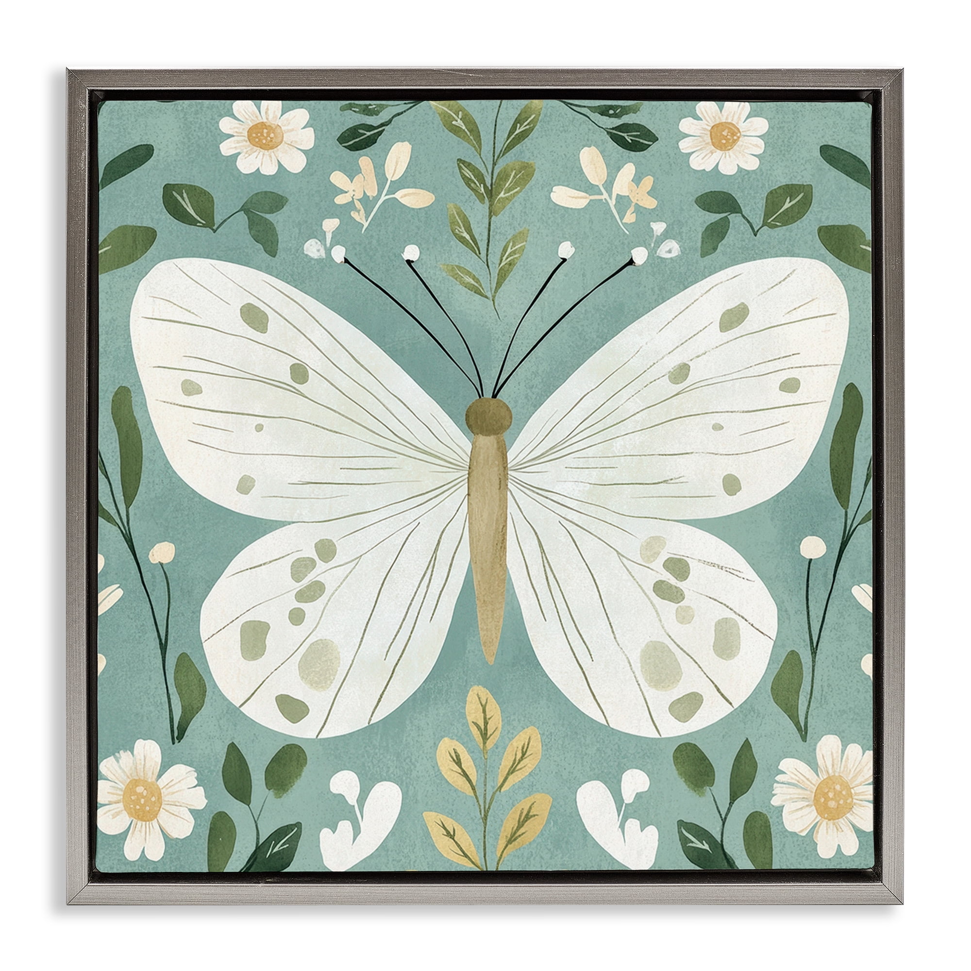 Stupell Industries Teal Butterfly Garden with Daisies Gray Framed Floater Canvas Wall Art, design by Petal Prints Design