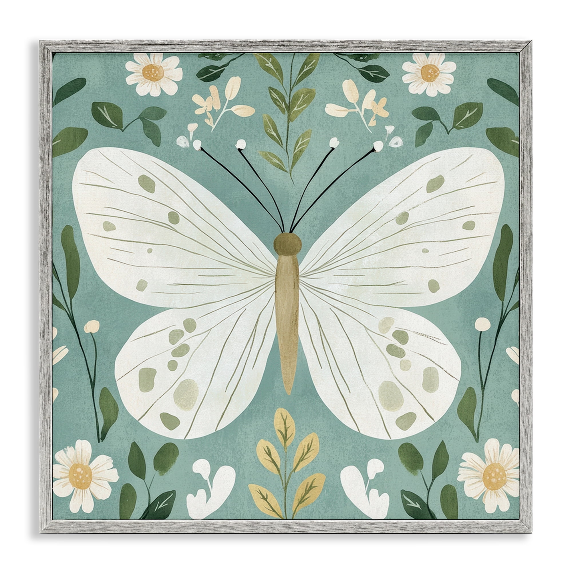 Stupell Industries Teal Butterfly Garden with Daisies Gray Framed Giclee Art, design by Petal Prints Design