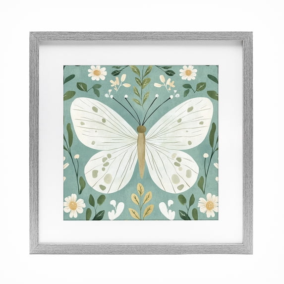 Stupell Industries Scandinavian Teal Butterfly Garden with Daisies Gray Framed Print Under Glass, 13 x 13, by Petals Prints Design