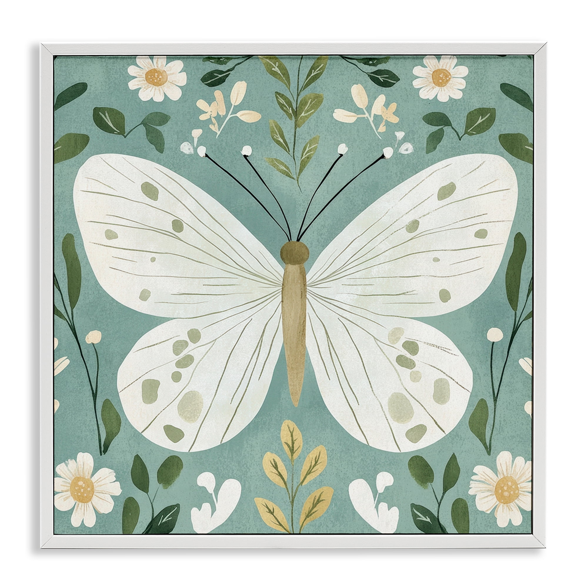 Stupell Industries Teal Butterfly Garden with Daisies White Framed Giclee Art, design by Petal Prints Design
