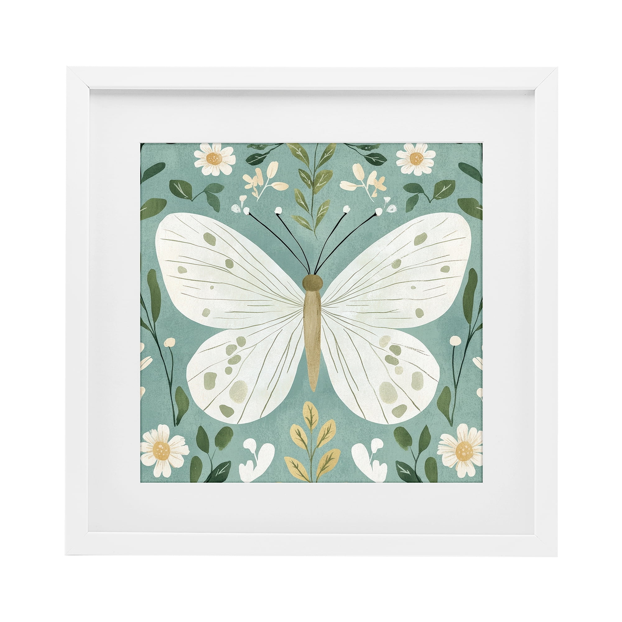 Stupell Industries Teal Butterfly Garden with Daisies White Framed Print Under Glass, design by Petal Prints Design