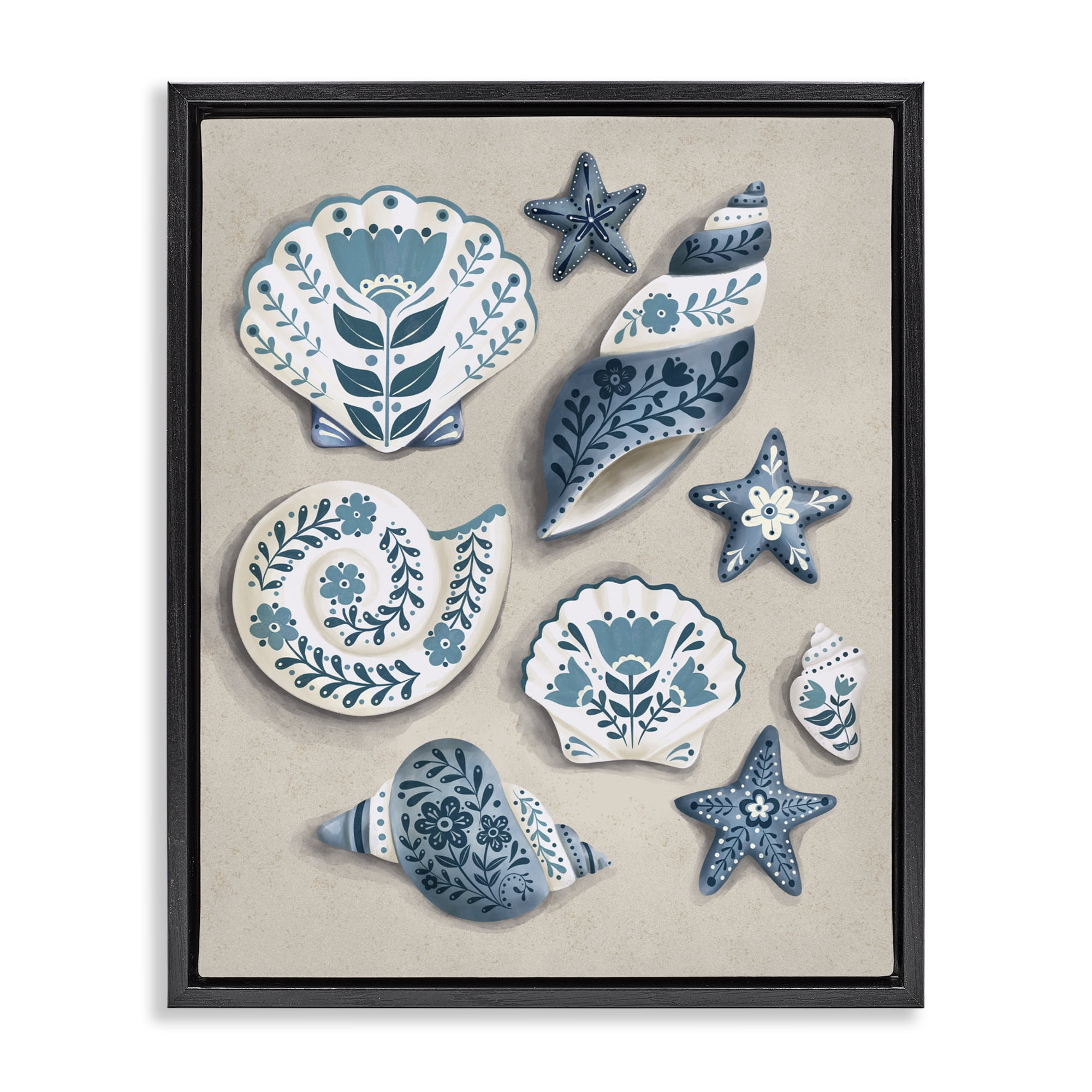 Stupell Industries Teal Nautical Floral Seashells Black Framed Floater Canvas Wall Art, design by Penny Aguilera