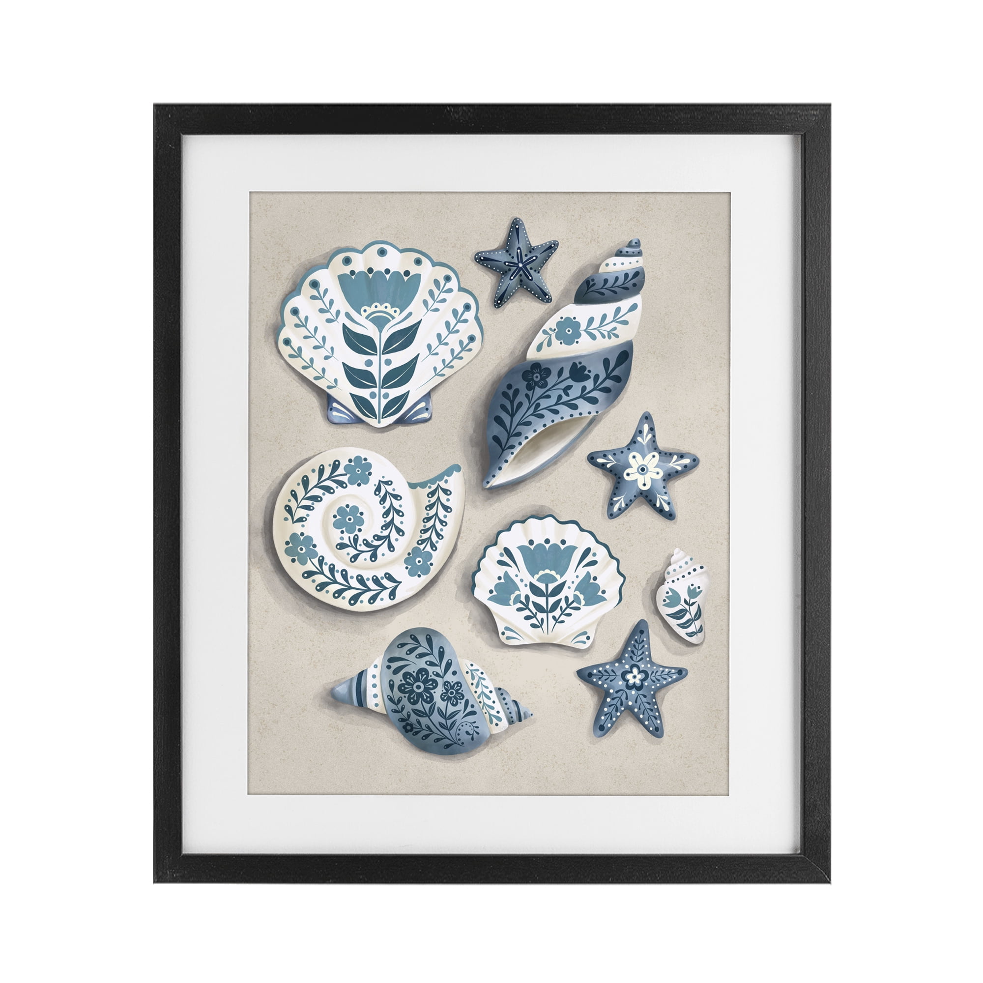Stupell Industries Teal Nautical Floral Seashells Black Framed Print Under Glass, design by Penny Aguilera