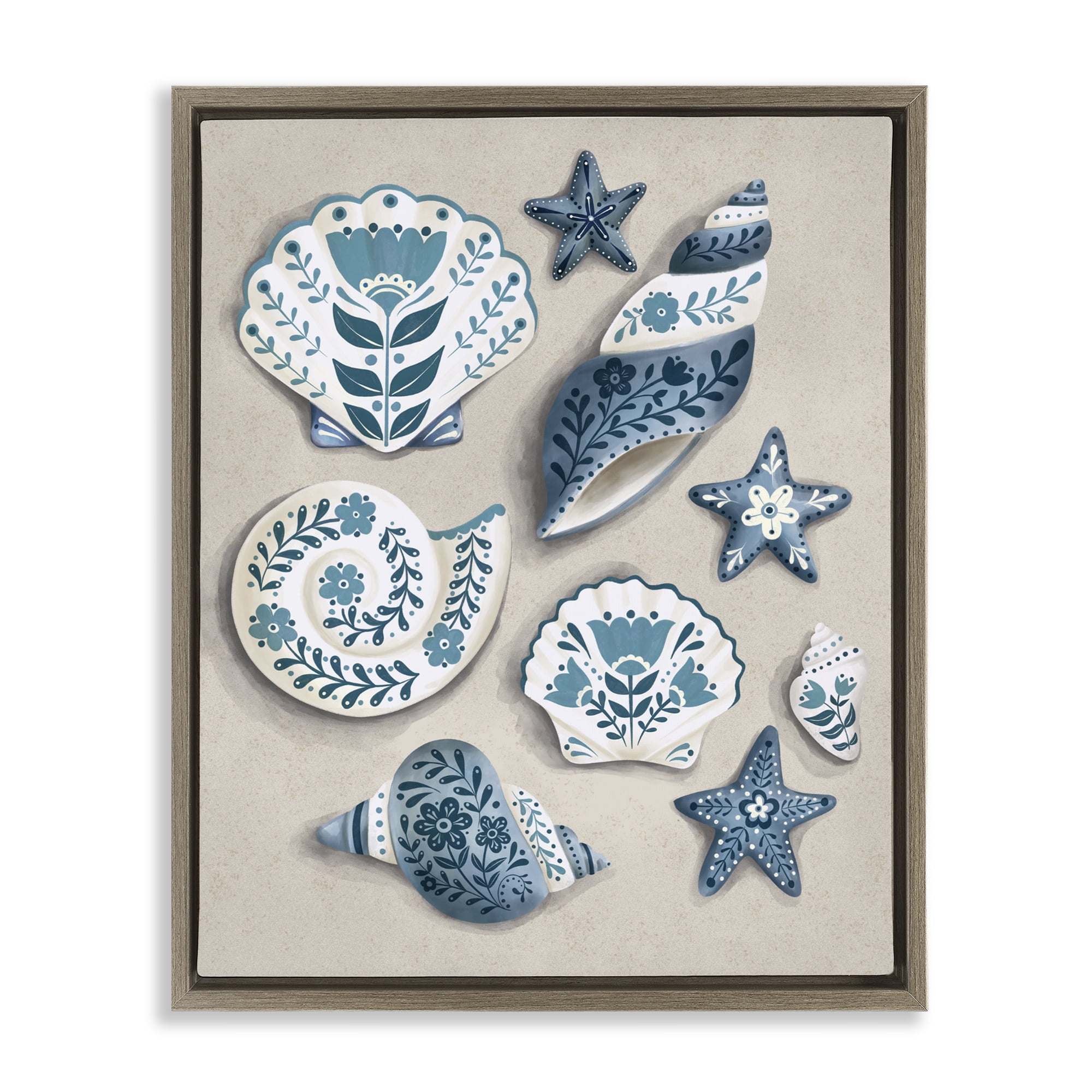 Stupell Industries Teal Nautical Floral Seashells Brown Framed Floater Canvas Wall Art, design by Penny Aguilera