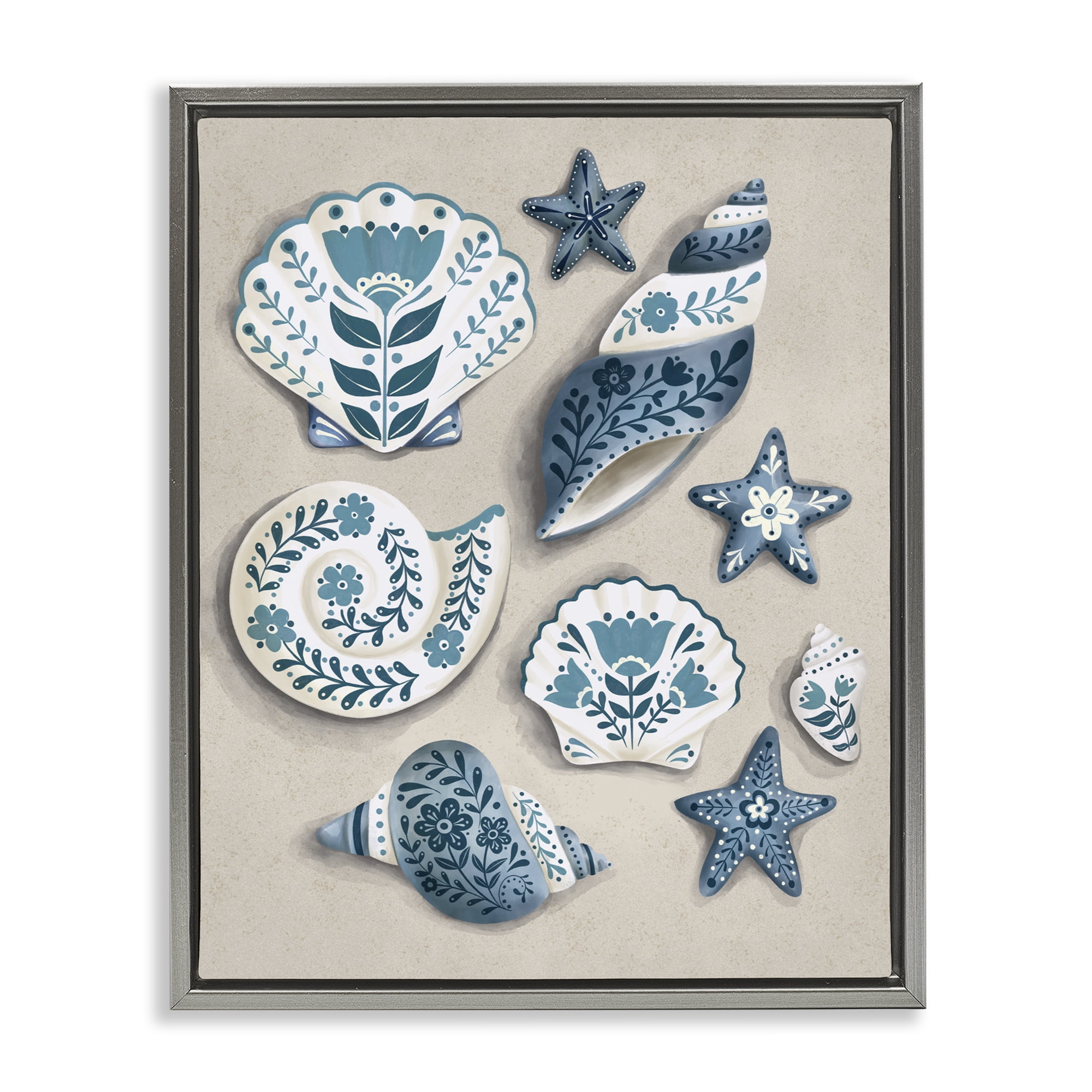 Stupell Industries Teal Nautical Floral Seashells Gray Framed Floater Canvas Wall Art, design by Penny Aguilera