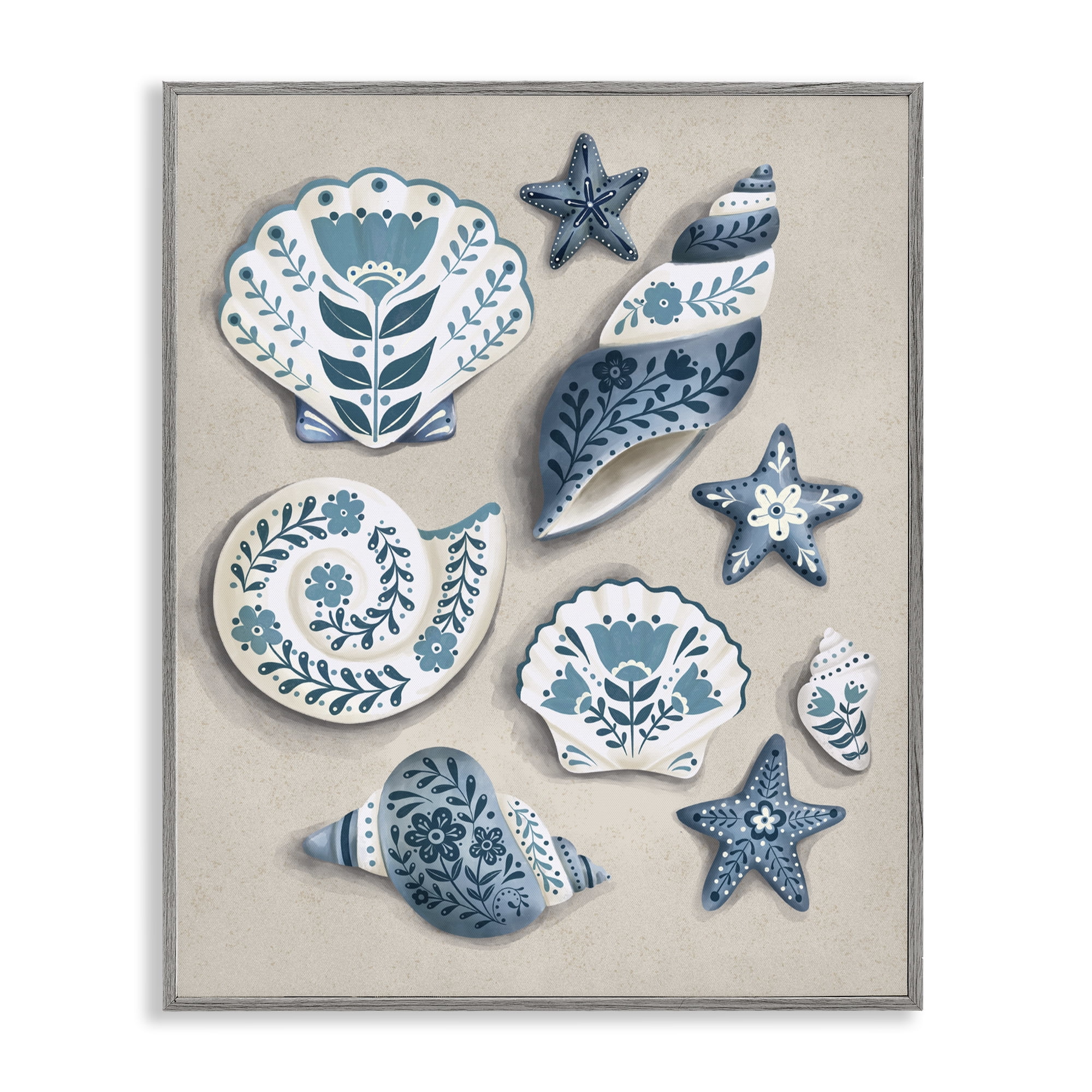 Stupell Industries Teal Nautical Floral Seashells Gray Framed Giclee Art, design by Penny Aguilera