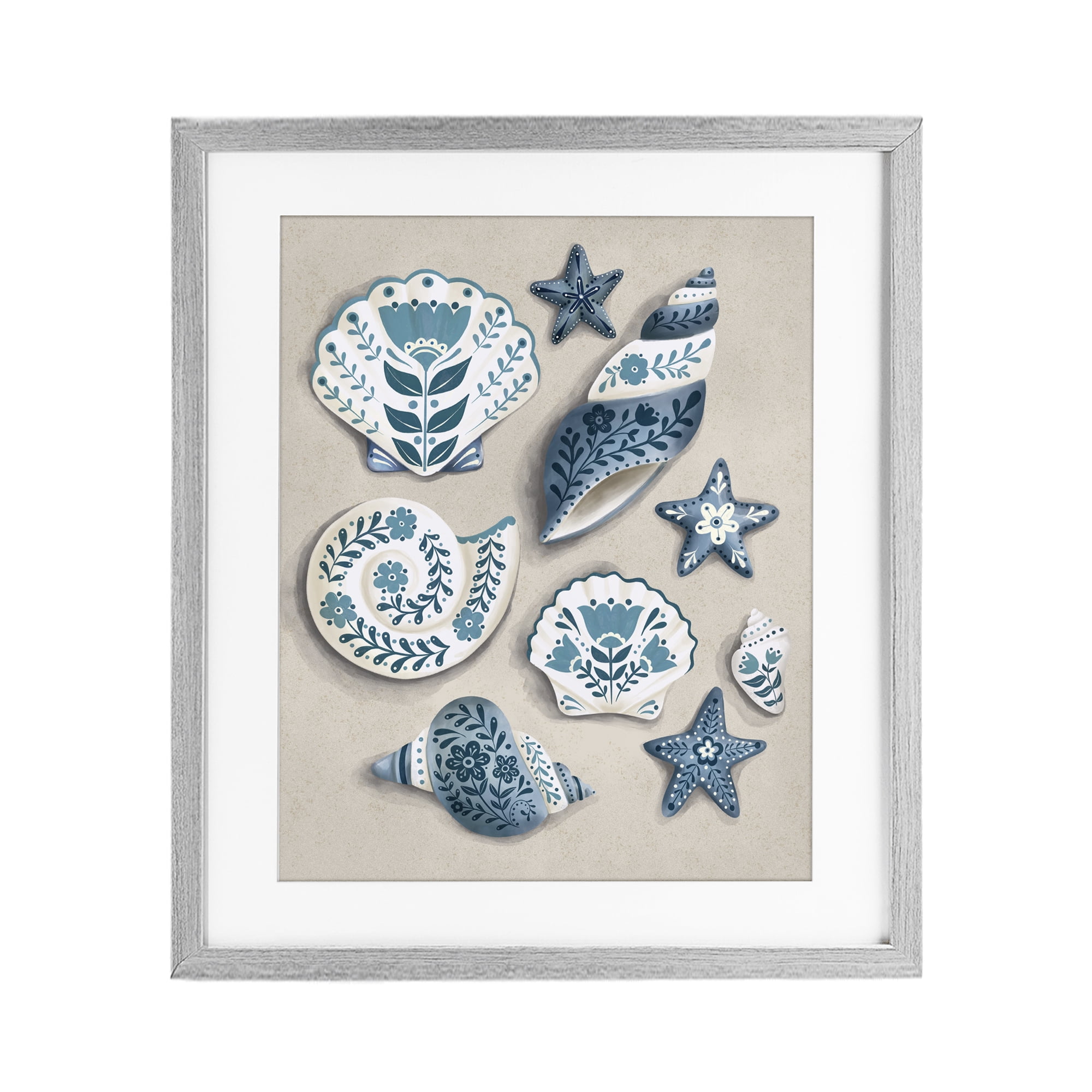 Stupell Industries Teal Nautical Floral Seashells Gray Framed Print Under Glass, design by Penny Aguilera