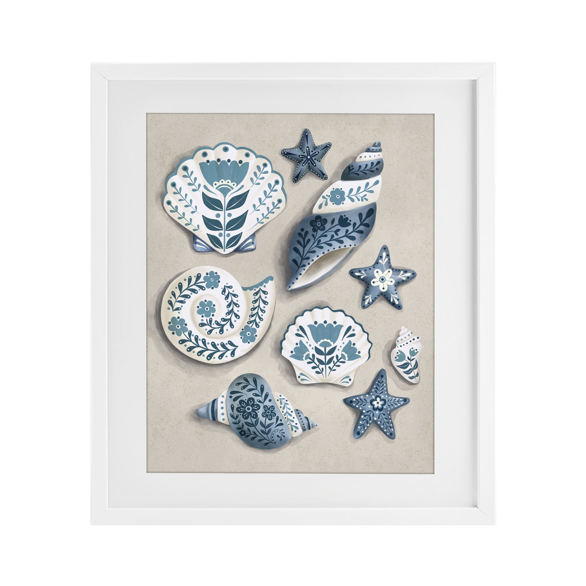 Stupell Industries Teal Nautical Floral Seashells White Framed Print Under Glass, design by Penny Aguilera