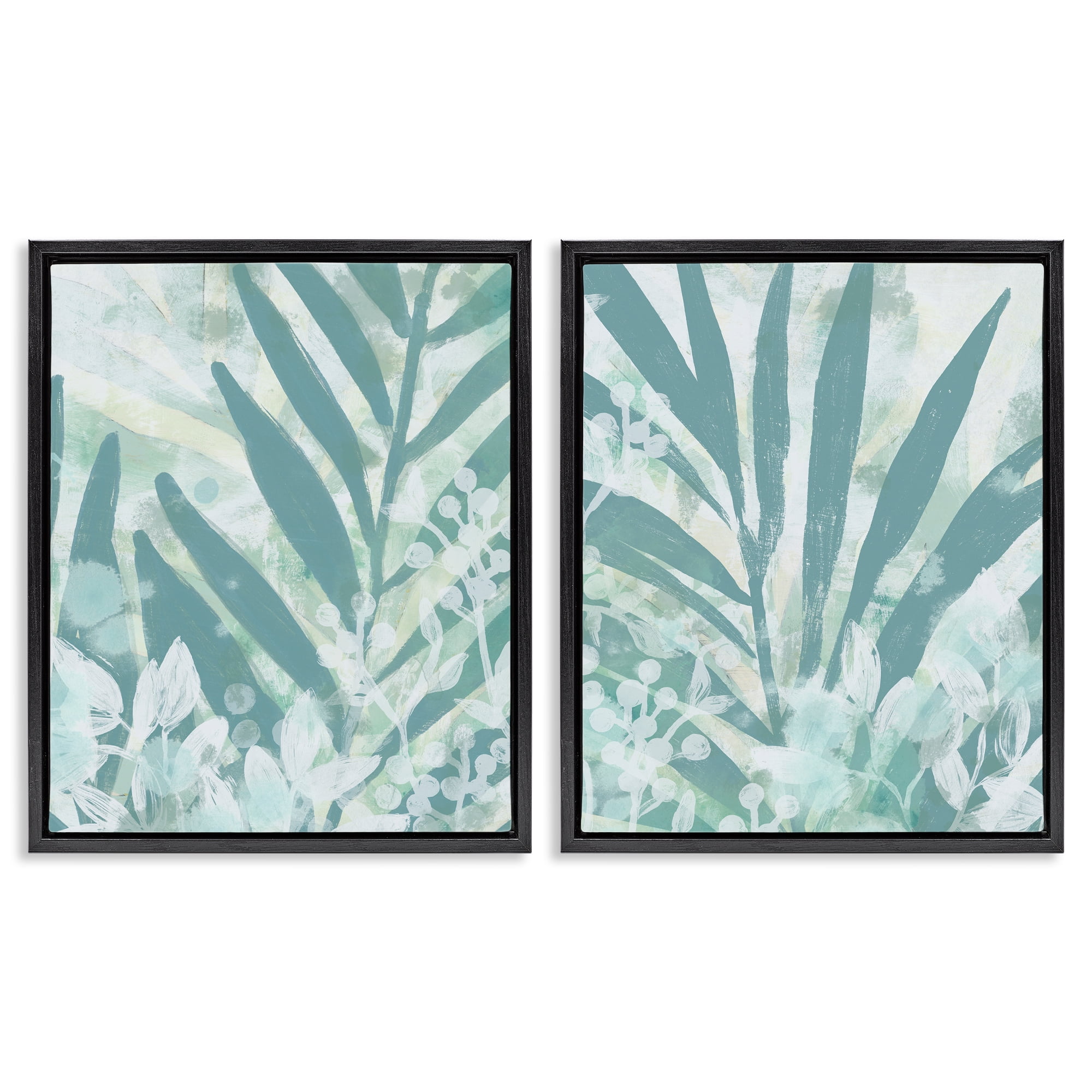 Stupell Industries Teal Palm Fronds Plants & Flowers Painting Black Floater Framed Canvas Art Print Wall Art, 17 x 21, Set of 2