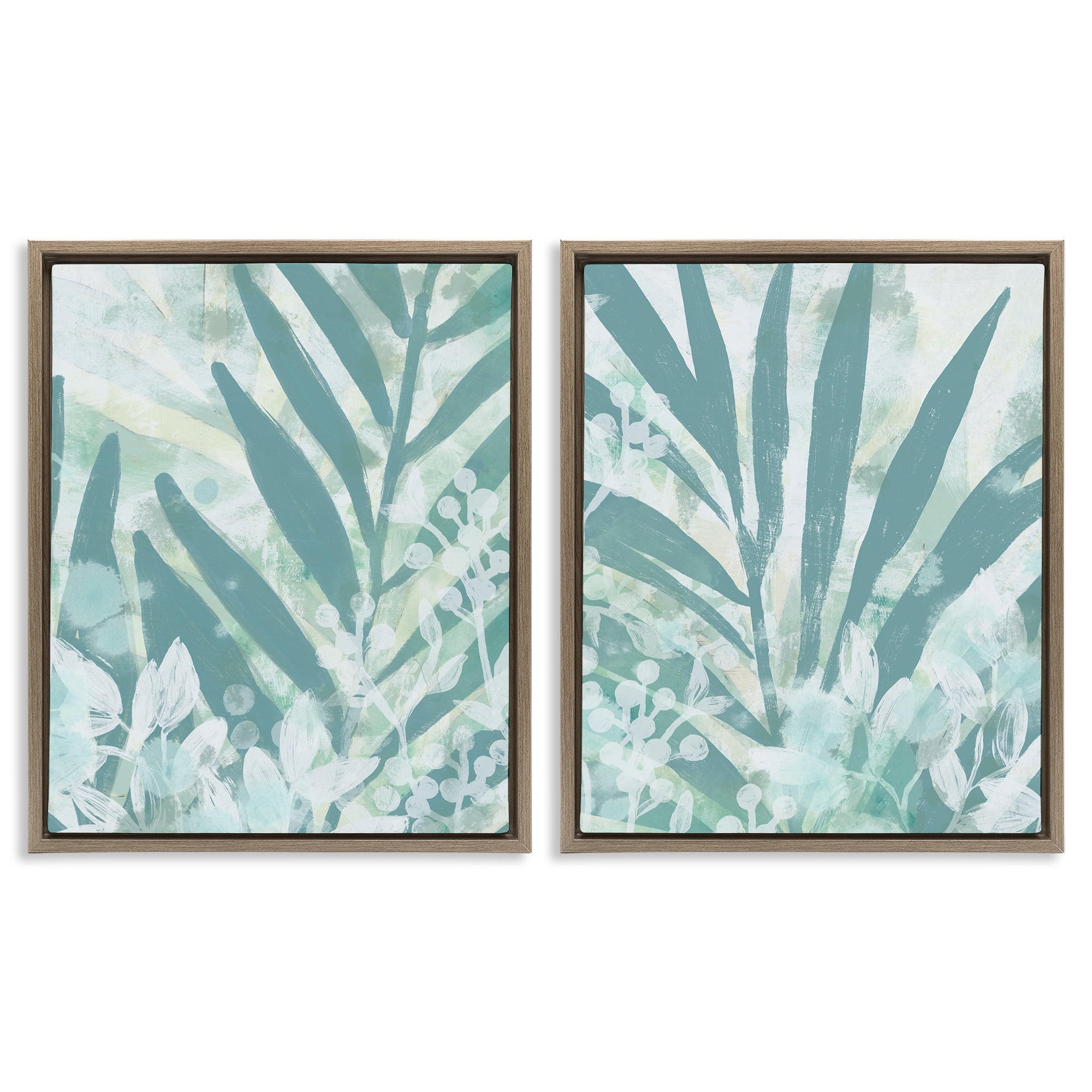Stupell Industries Teal Palm Fronds Plants & Flowers Painting Brown Floater Framed Canvas Art Print Wall Art, 17 x 21, Set of 2