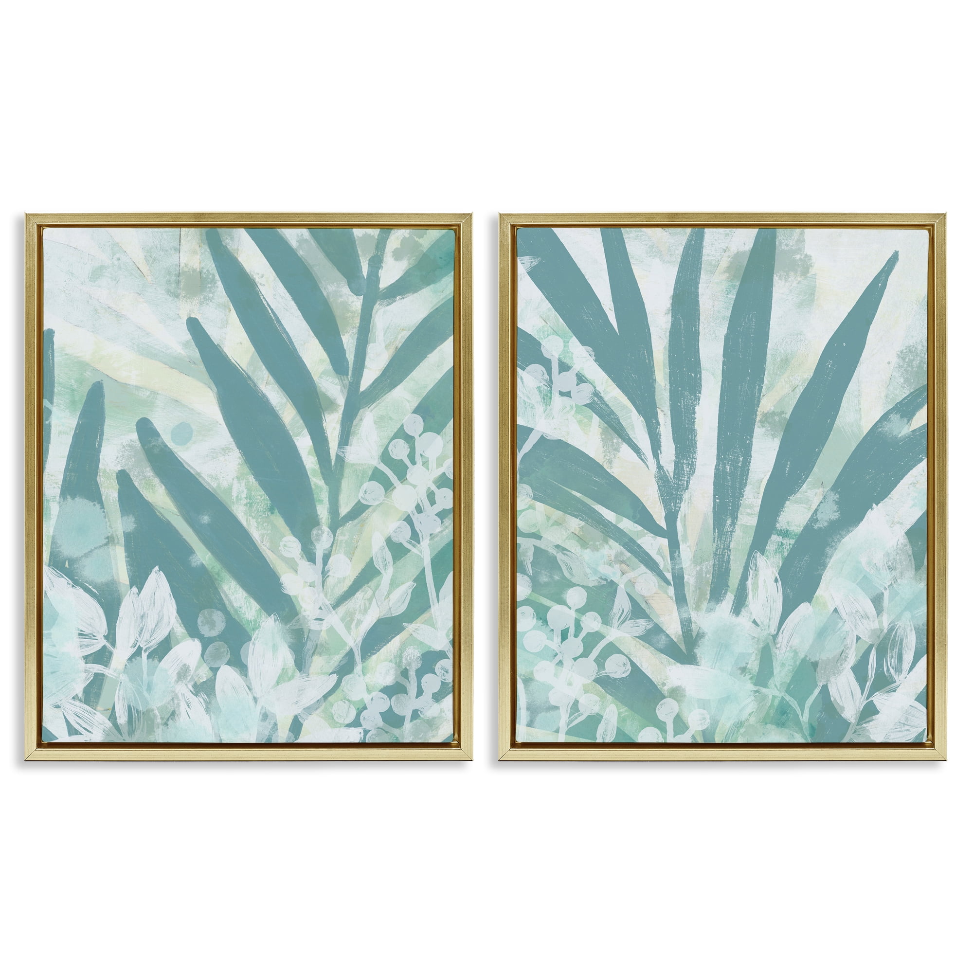 Stupell Industries Teal Palm Fronds Plants & Flowers Painting Gold Floater Framed Canvas Art Print Wall Art, 17 x 21, Set of 2