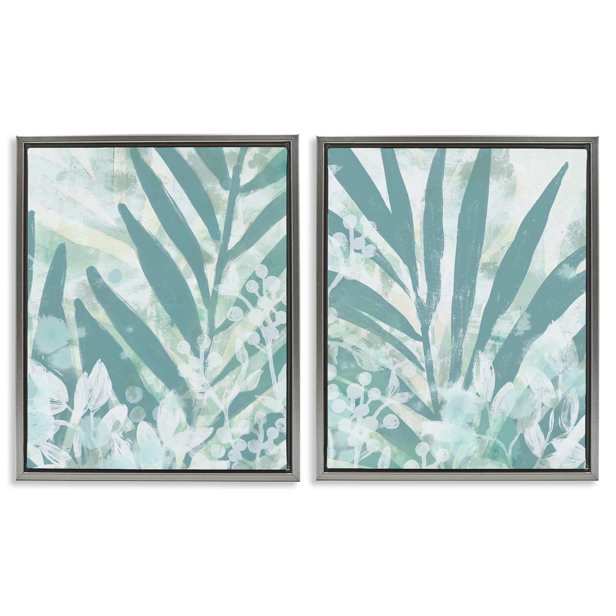 Stupell Industries Teal Palm Fronds Plants & Flowers Painting Gray Floater Framed Canvas Art Print Wall Art, 31 x 25, Set of 2