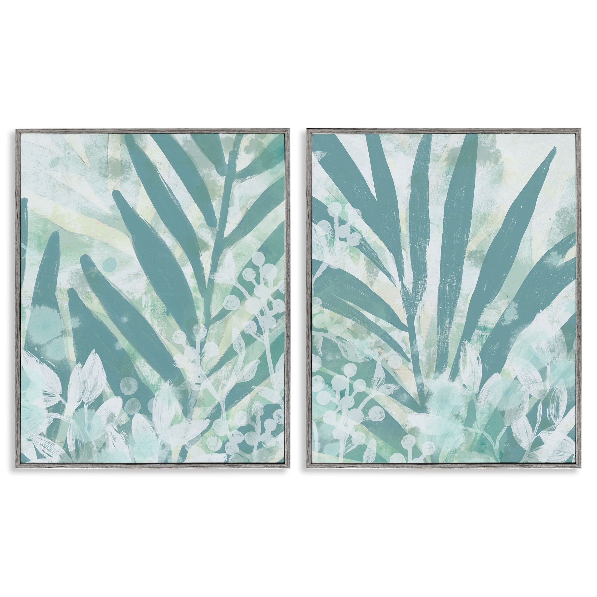 Stupell Industries Teal Palm Fronds Plants & Flowers Painting Gray Framed Art Print Wall Art, 24 x 30, Set of 2