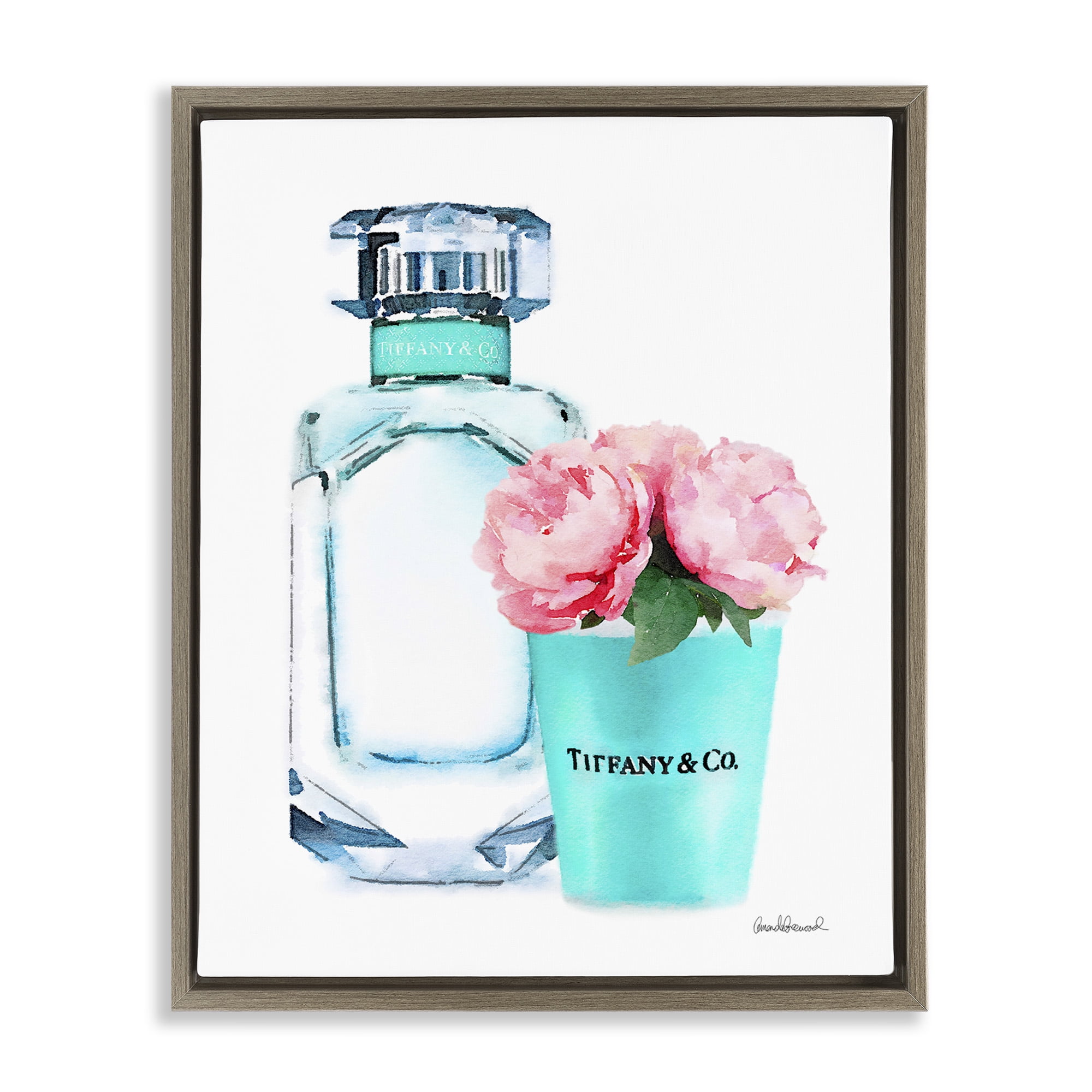 Stupell Industries Teal Perfume Bottle and Peonies Beauty & Fashion Painting Brown Floater Framed Canvas Art Print Wall Art, 25 x 31