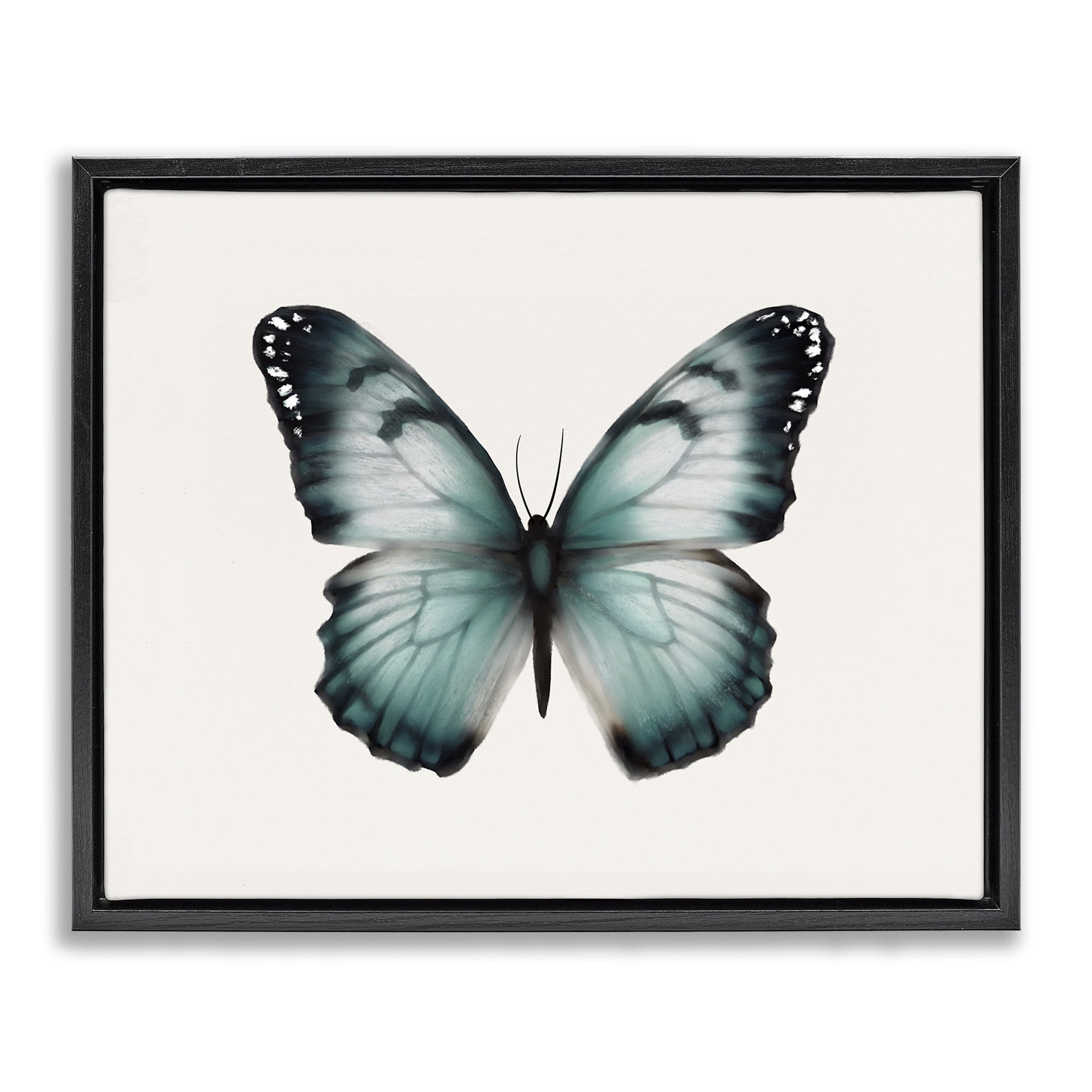 Stupell Industries Teal Symmetrical Butterfly Animals Painting Black Floater Framed Canvas Art Print Wall Art, 31 x 25
