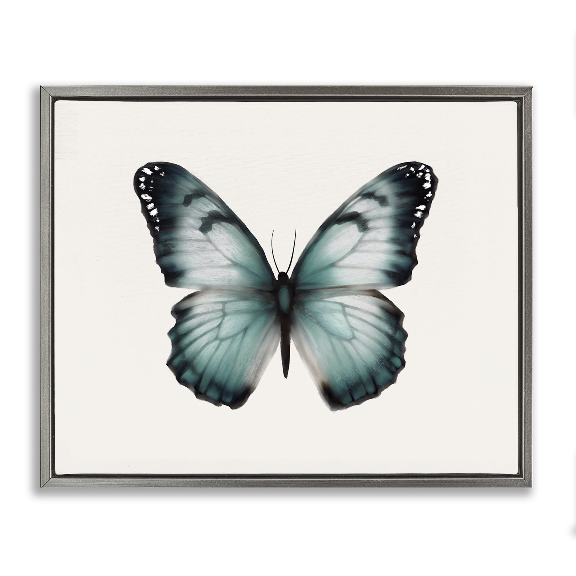 Stupell Industries Teal Symmetrical Butterfly Animals Painting Gray Floater Framed Canvas Art Print Wall Art, 21 x 17