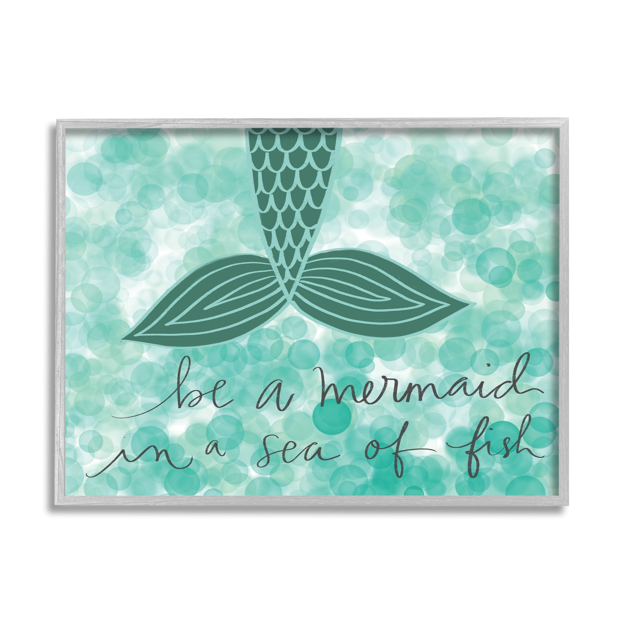 Stupell Industries Teal and Green Script Be A Mermaid Graphic Art Gray Framed Art Print Wall Art, 24x30, by Katie Doucette