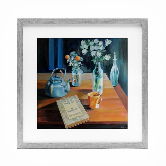 Stupell Industries Teapot & Book Still Life Gray Framed Print Under Glass design by Violeta Vollmer, 13 x 13